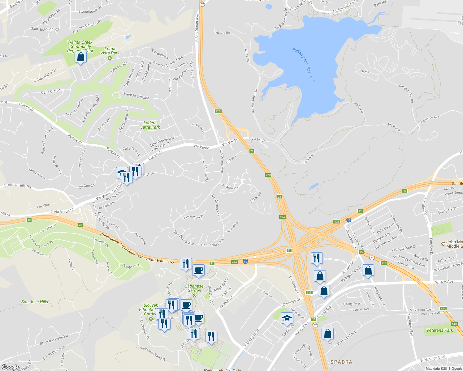 map of restaurants, bars, coffee shops, grocery stores, and more near 2089 Paseo Azul in San Dimas