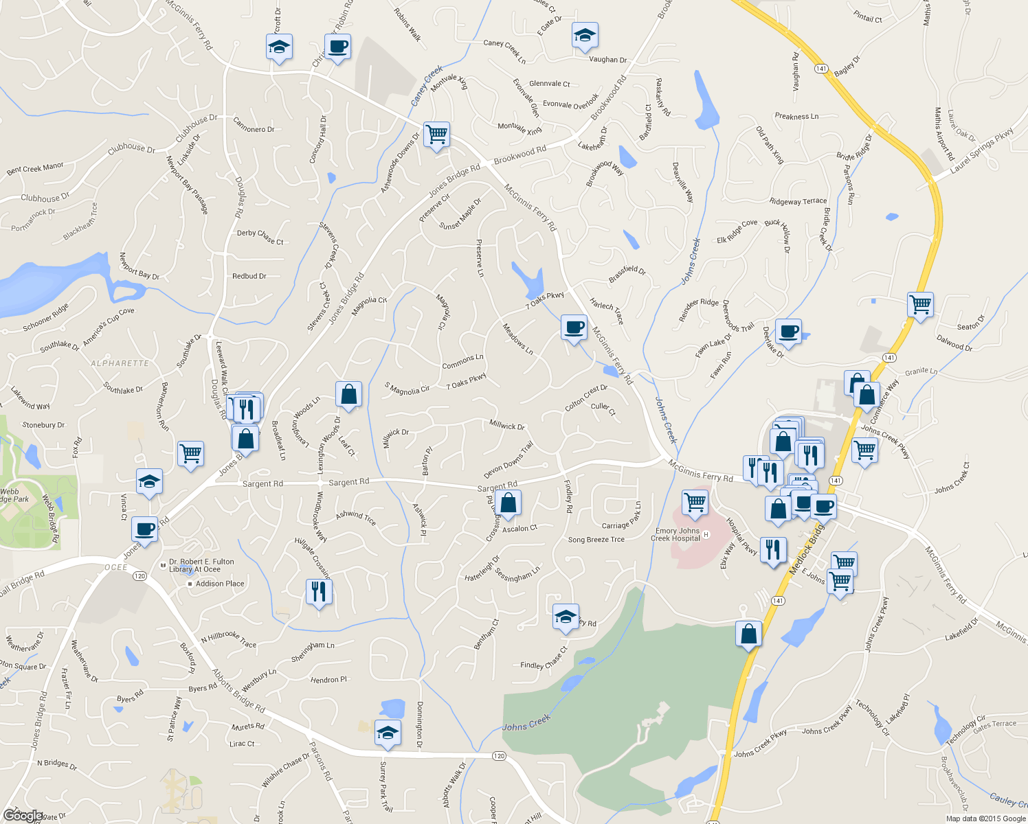 map of restaurants, bars, coffee shops, grocery stores, and more near 12075 Meadows Lane in Alpharetta