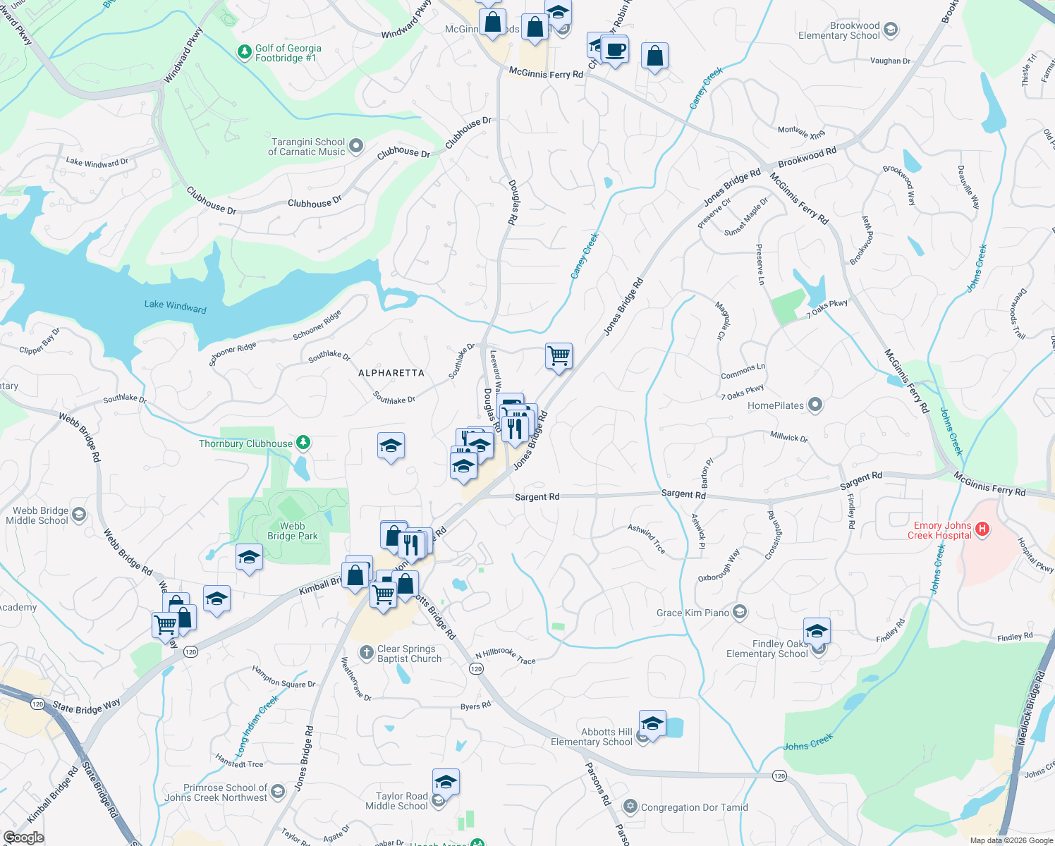 map of restaurants, bars, coffee shops, grocery stores, and more near 11910 Leeward Walk Circle in Alpharetta