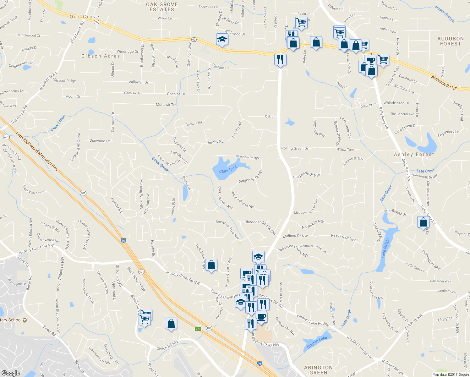 map of restaurants, bars, coffee shops, grocery stores, and more near 1471 Ridgeway Drive Northwest in Acworth