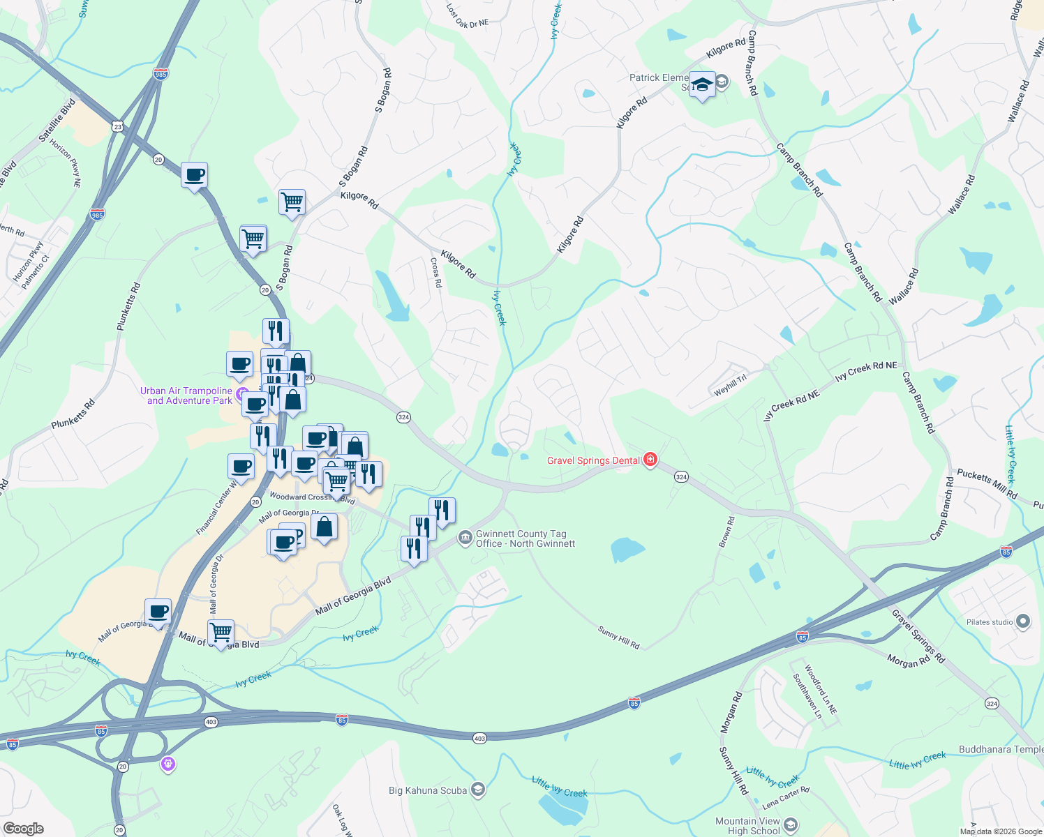 map of restaurants, bars, coffee shops, grocery stores, and more near 2203 Hyssop Way in Buford