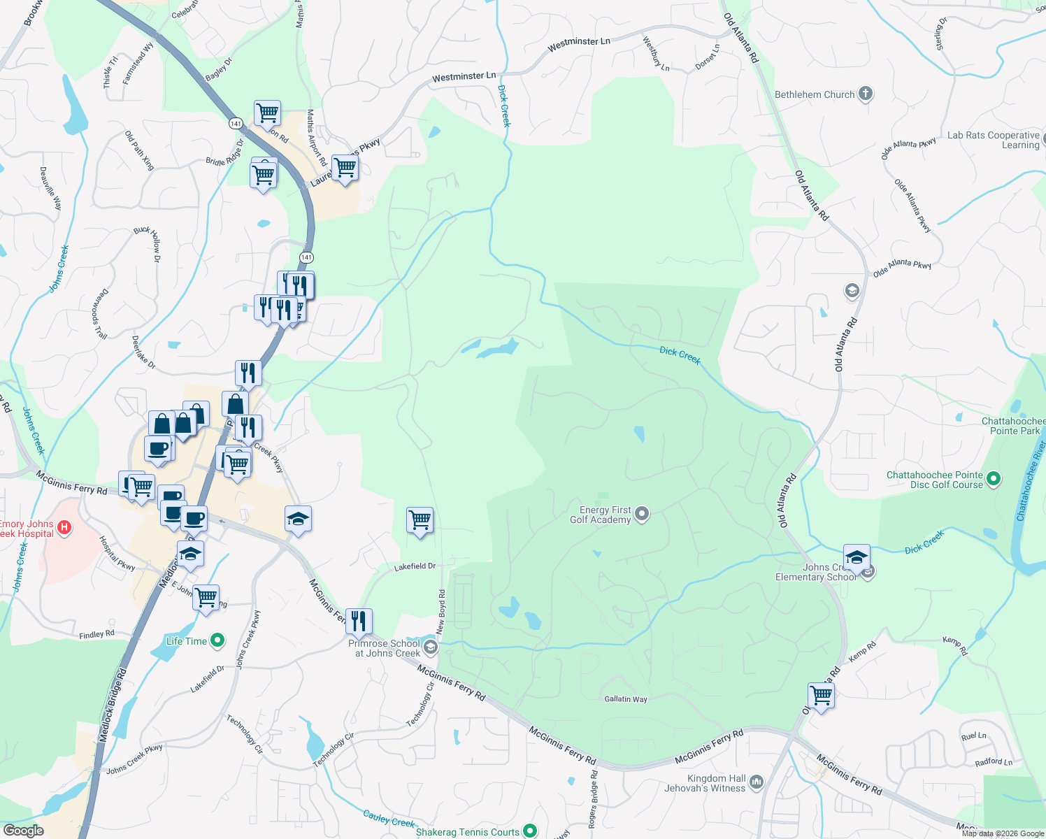 map of restaurants, bars, coffee shops, grocery stores, and more near 9055 Campestral Court in Duluth