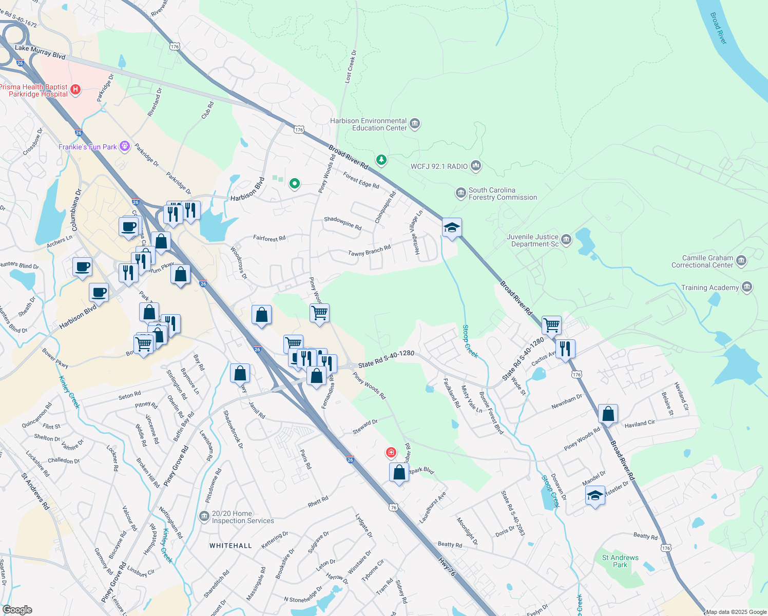map of restaurants, bars, coffee shops, grocery stores, and more near 534 Wil Stel Road in Columbia