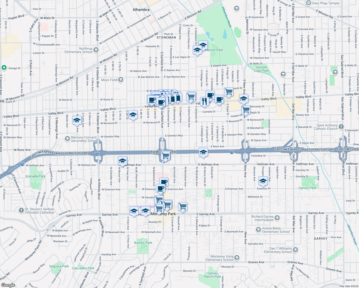 map of restaurants, bars, coffee shops, grocery stores, and more near 1833 South Chapel Avenue in Alhambra