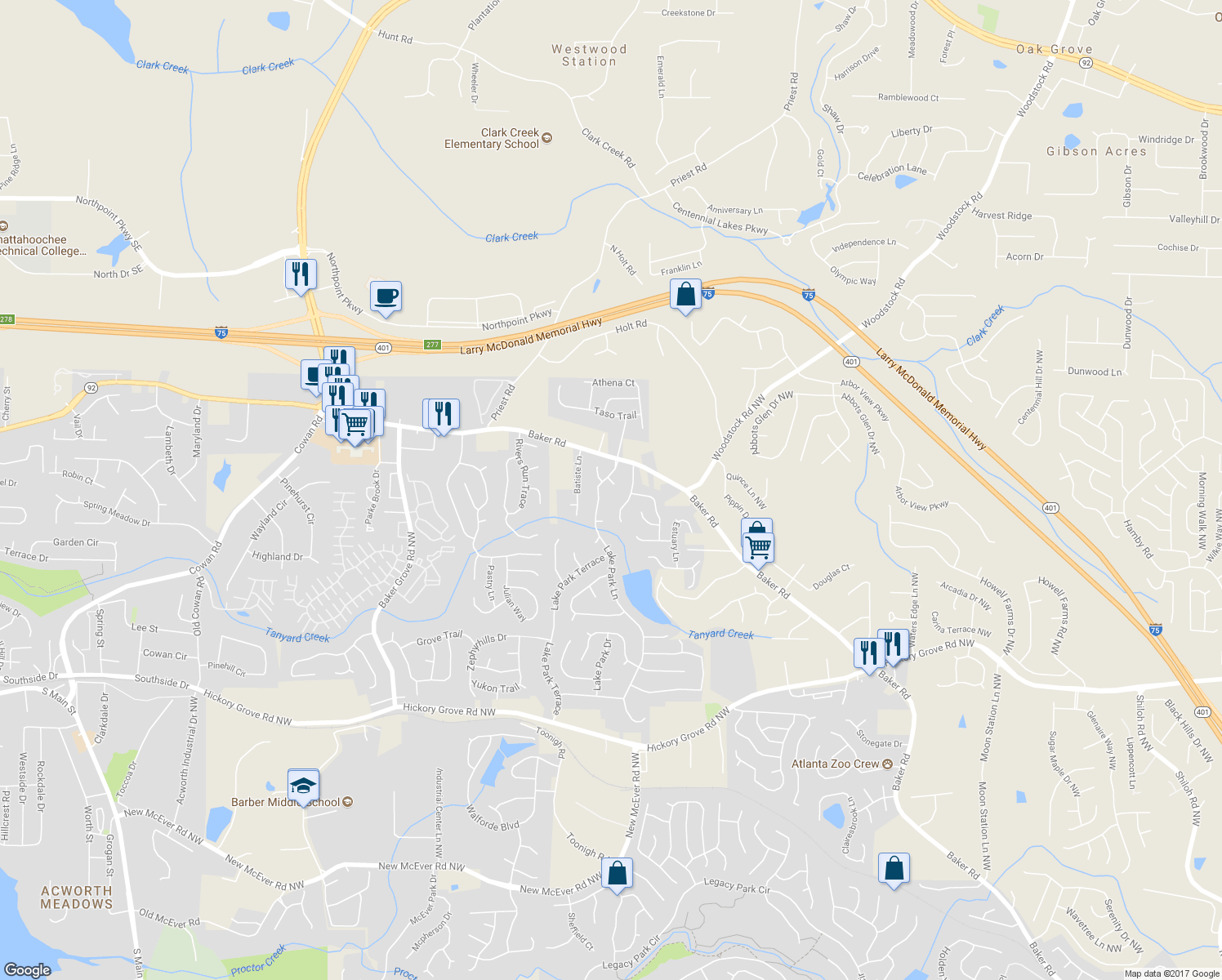 map of restaurants, bars, coffee shops, grocery stores, and more near 4973 Lake Park Circle in Acworth