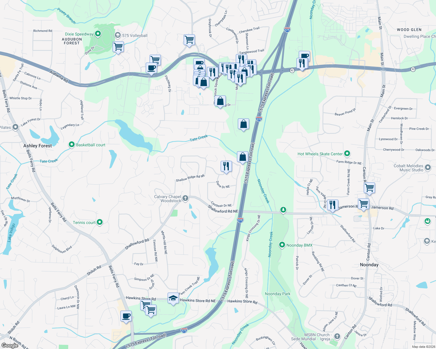 map of restaurants, bars, coffee shops, grocery stores, and more near 198 Shalloway Dr NE in Kennesaw