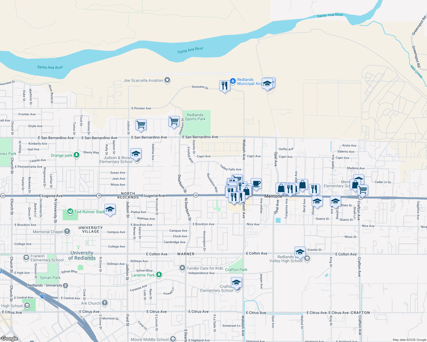 map of restaurants, bars, coffee shops, grocery stores, and more near 1431 Red Bird Court in Redlands
