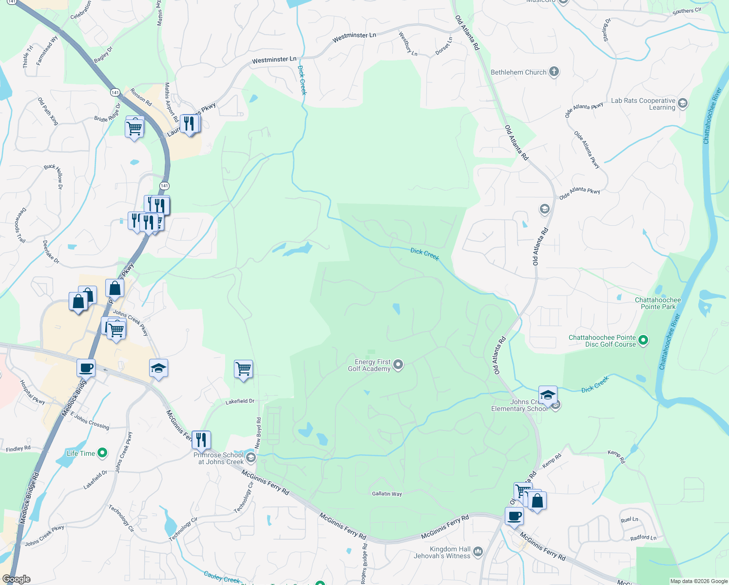 map of restaurants, bars, coffee shops, grocery stores, and more near 8525 Saint Marlo Fairway Drive in Duluth