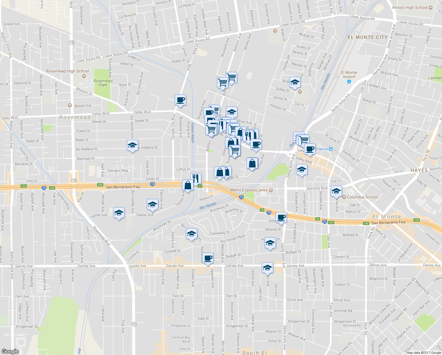 map of restaurants, bars, coffee shops, grocery stores, and more near 10115 Olney Street in El Monte