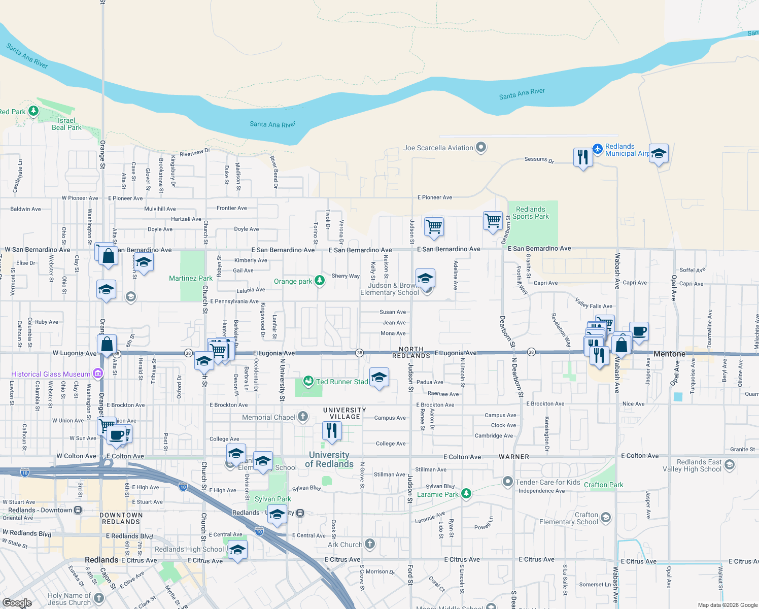 map of restaurants, bars, coffee shops, grocery stores, and more near 1328 East Pennsylvania Avenue in Redlands
