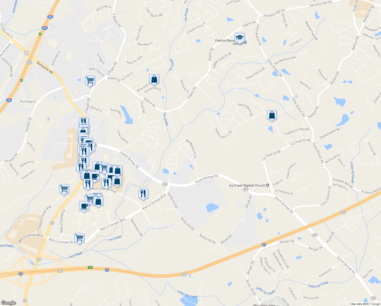 map of restaurants, bars, coffee shops, grocery stores, and more near 2351 Attewood Drive in Buford