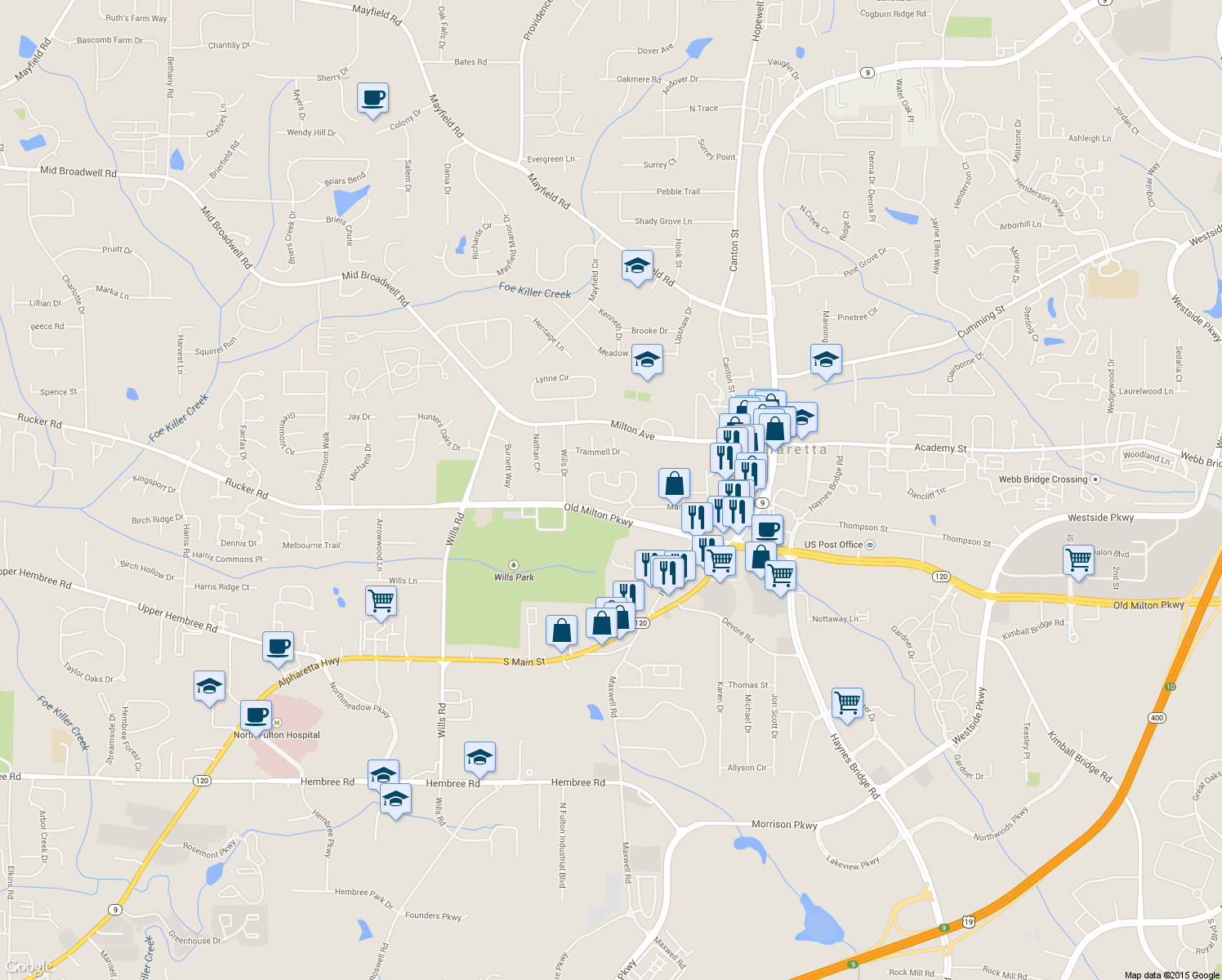 map of restaurants, bars, coffee shops, grocery stores, and more near 1980 Willshire Glen in Alpharetta