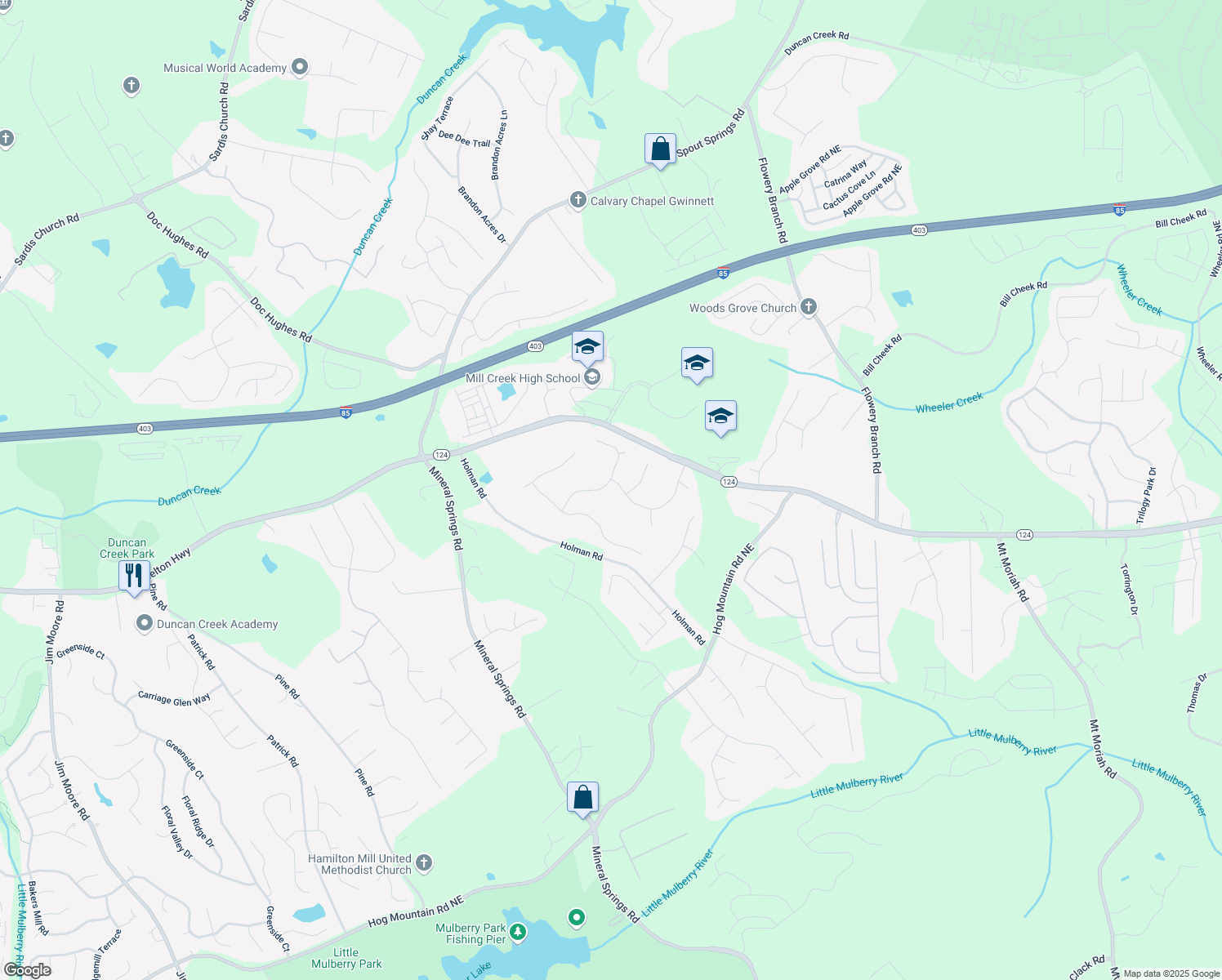 map of restaurants, bars, coffee shops, grocery stores, and more near 4309 Milford Place Northeast in Hoschton