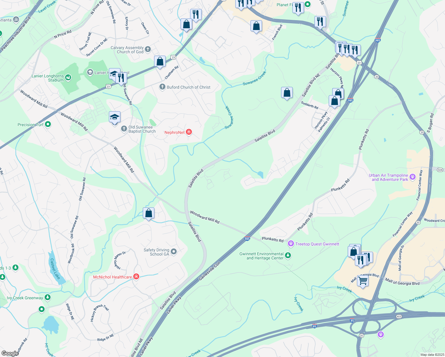 map of restaurants, bars, coffee shops, grocery stores, and more near 9203 Waterstone Place in Buford