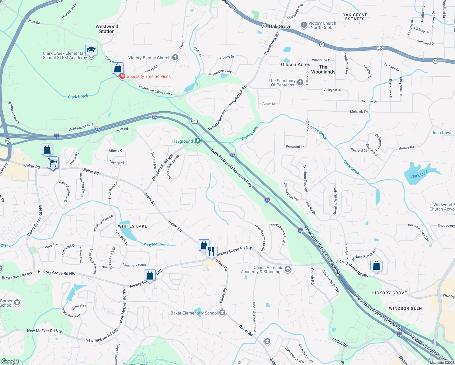 map of restaurants, bars, coffee shops, grocery stores, and more near 2434 Arbor Walk Court Northwest in Acworth