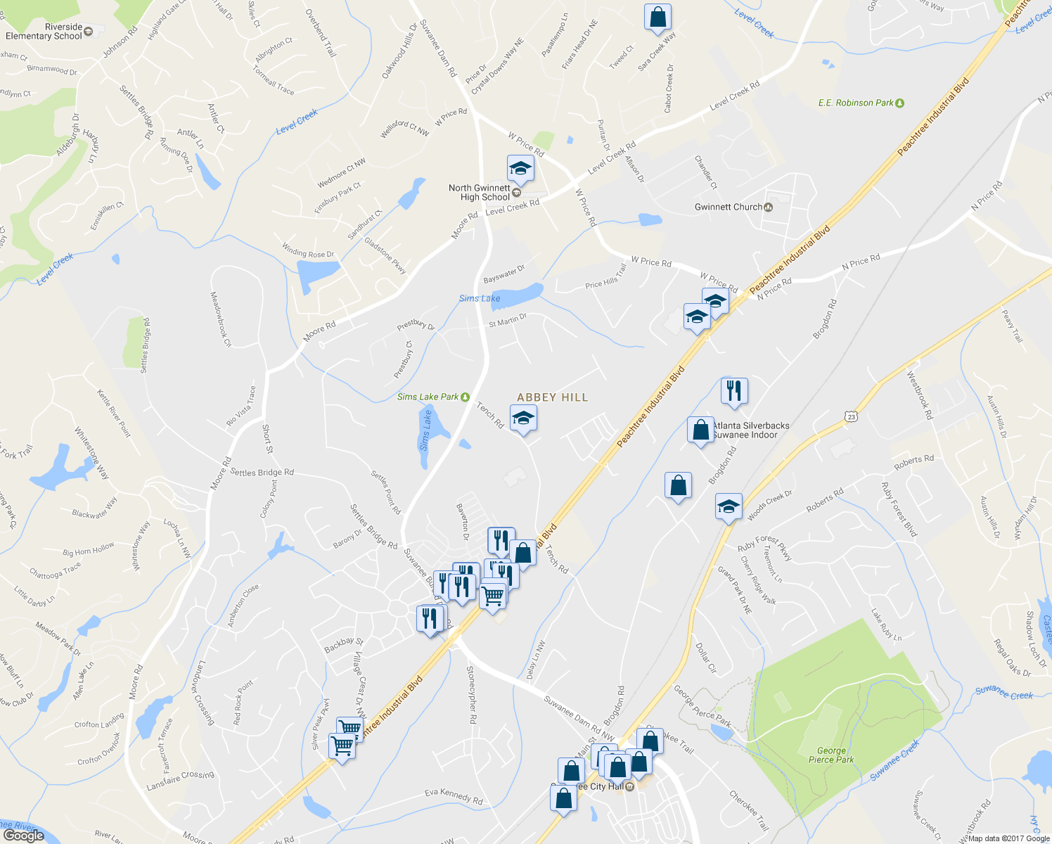 map of restaurants, bars, coffee shops, grocery stores, and more near 190 Abbey Hill Road in Suwanee