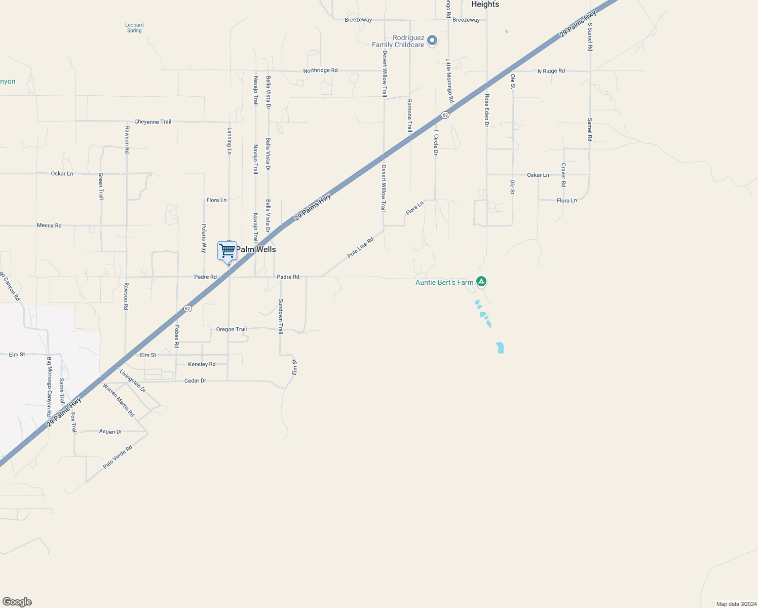 map of restaurants, bars, coffee shops, grocery stores, and more near 52073 Canyon Road in Morongo Valley