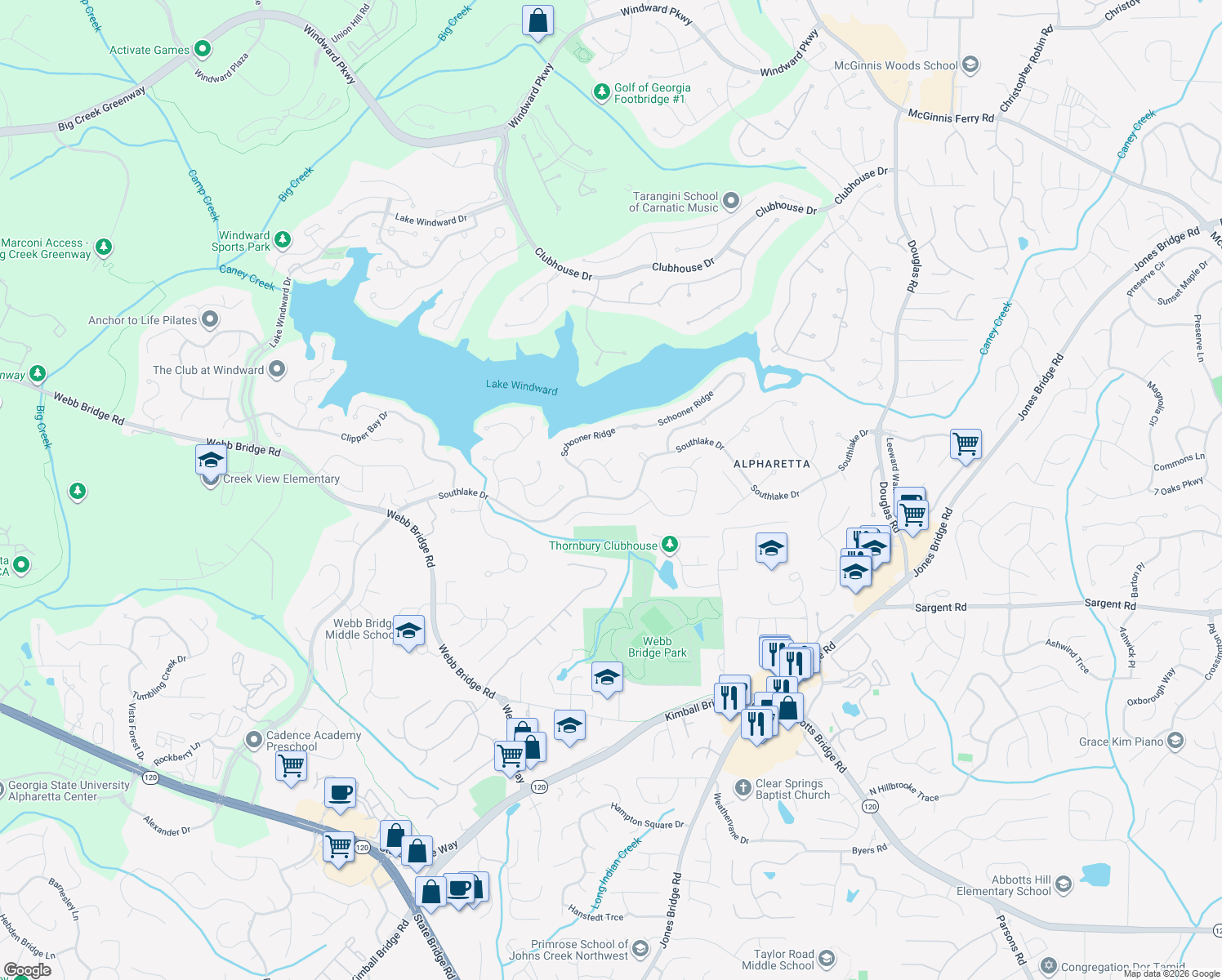 map of restaurants, bars, coffee shops, grocery stores, and more near 1981 7 Seas Ct in Alpharetta