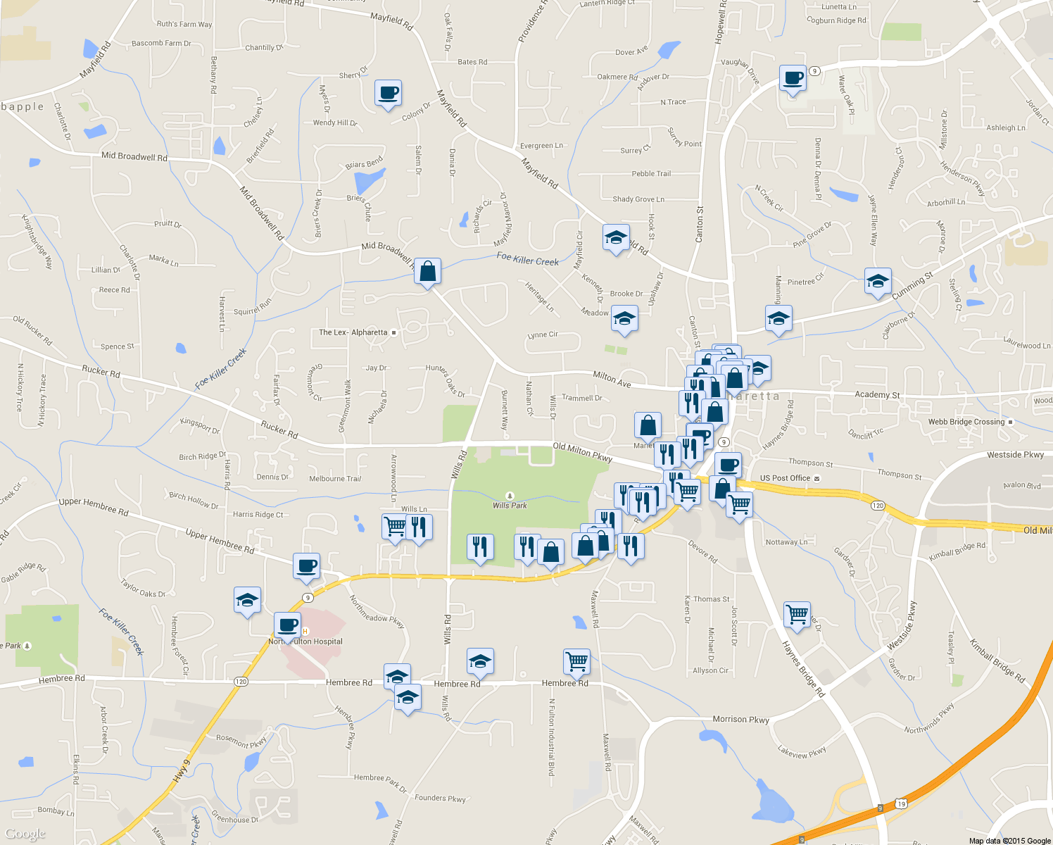 map of restaurants, bars, coffee shops, grocery stores, and more near 92 Nathan Circle in Alpharetta
