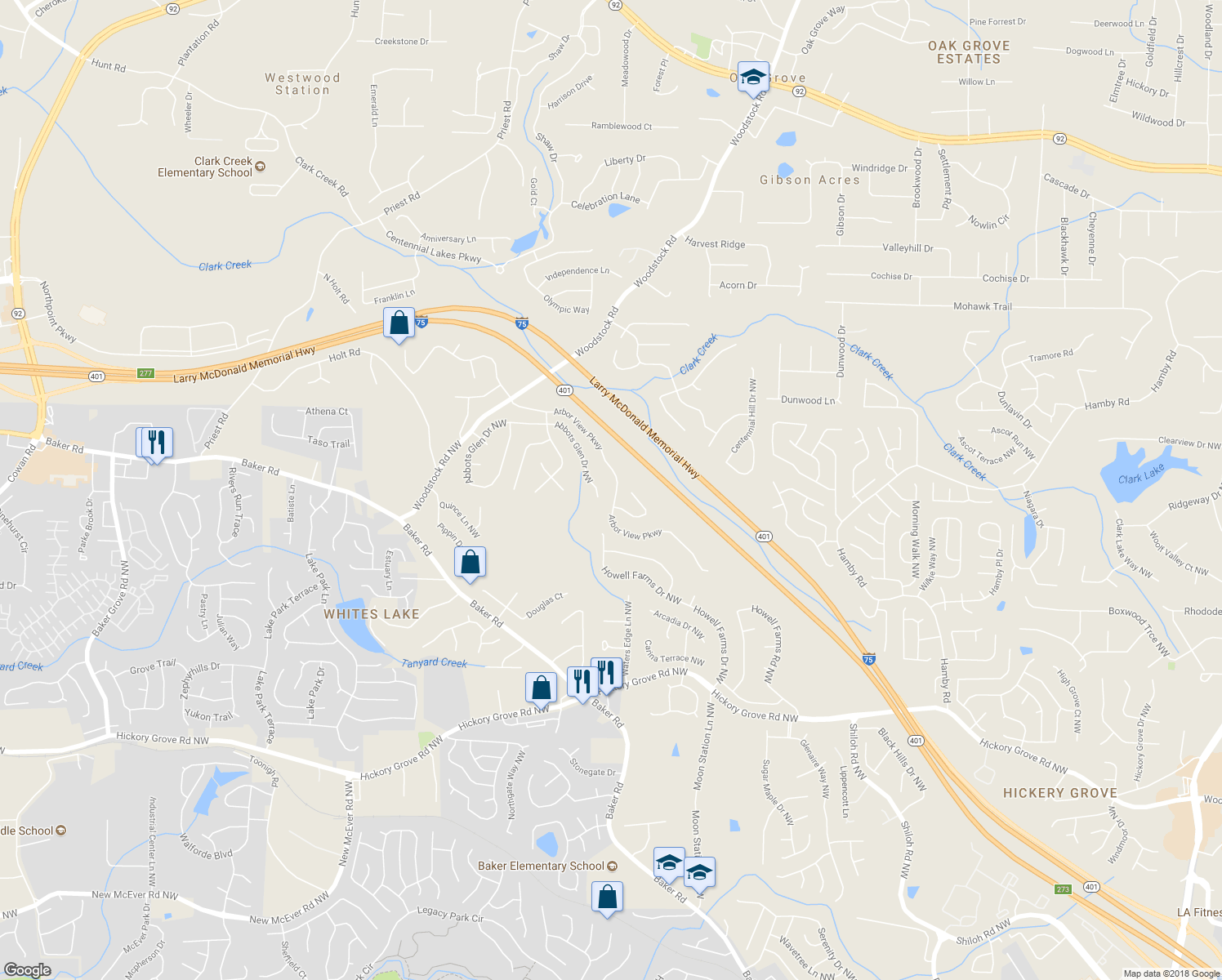 map of restaurants, bars, coffee shops, grocery stores, and more near 4971 Arbor View Parkway in Acworth