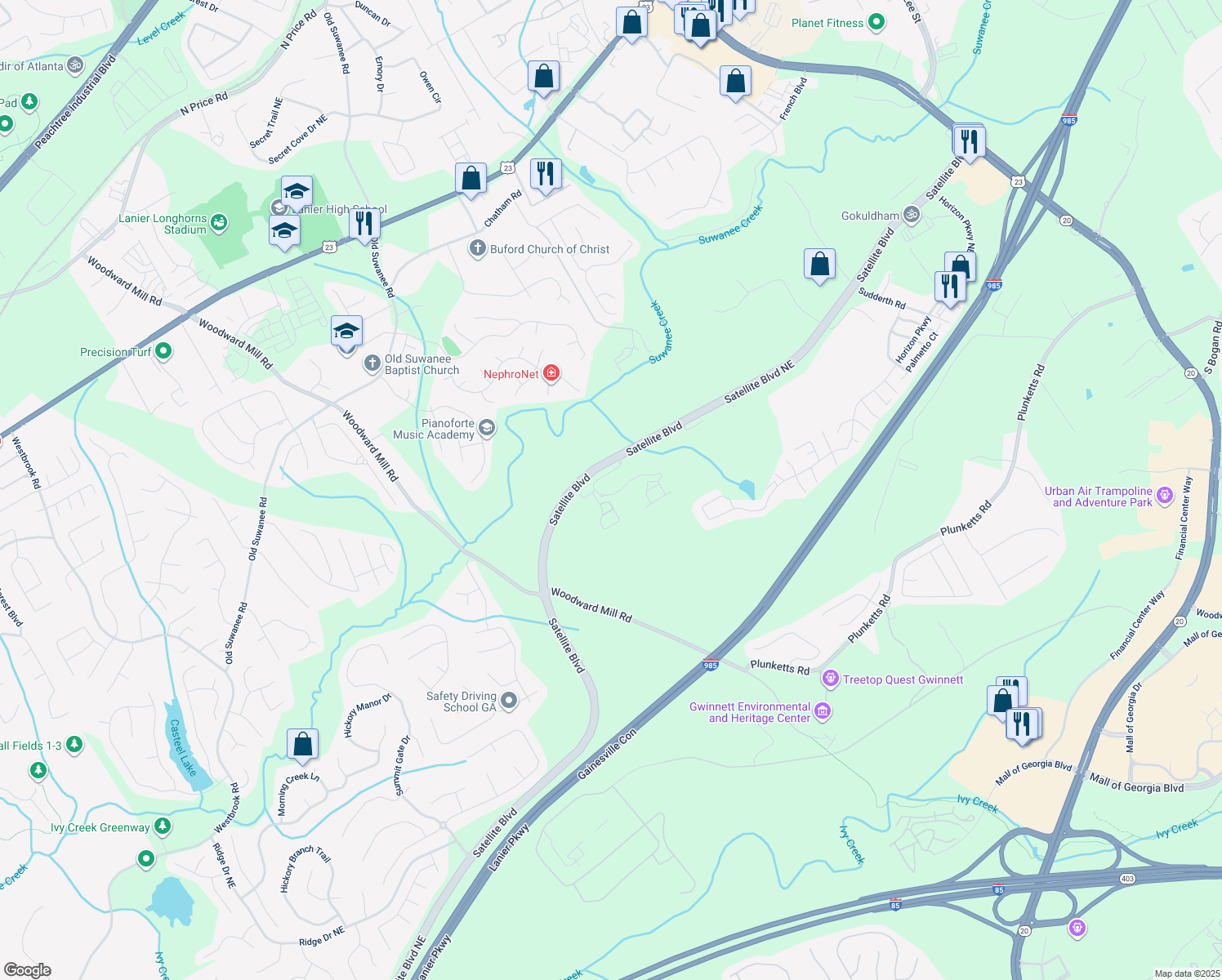 map of restaurants, bars, coffee shops, grocery stores, and more near 9203 Waterstone Place in Buford