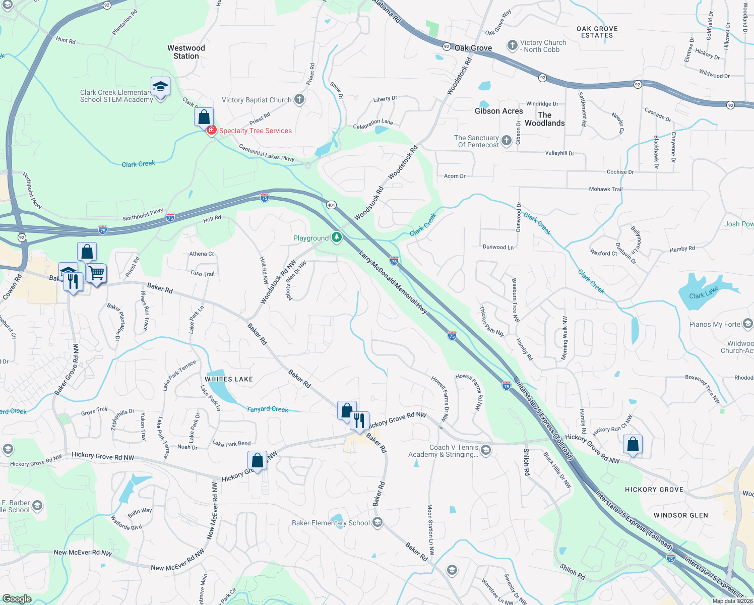 map of restaurants, bars, coffee shops, grocery stores, and more near 4971 Arbor View Parkway in Acworth