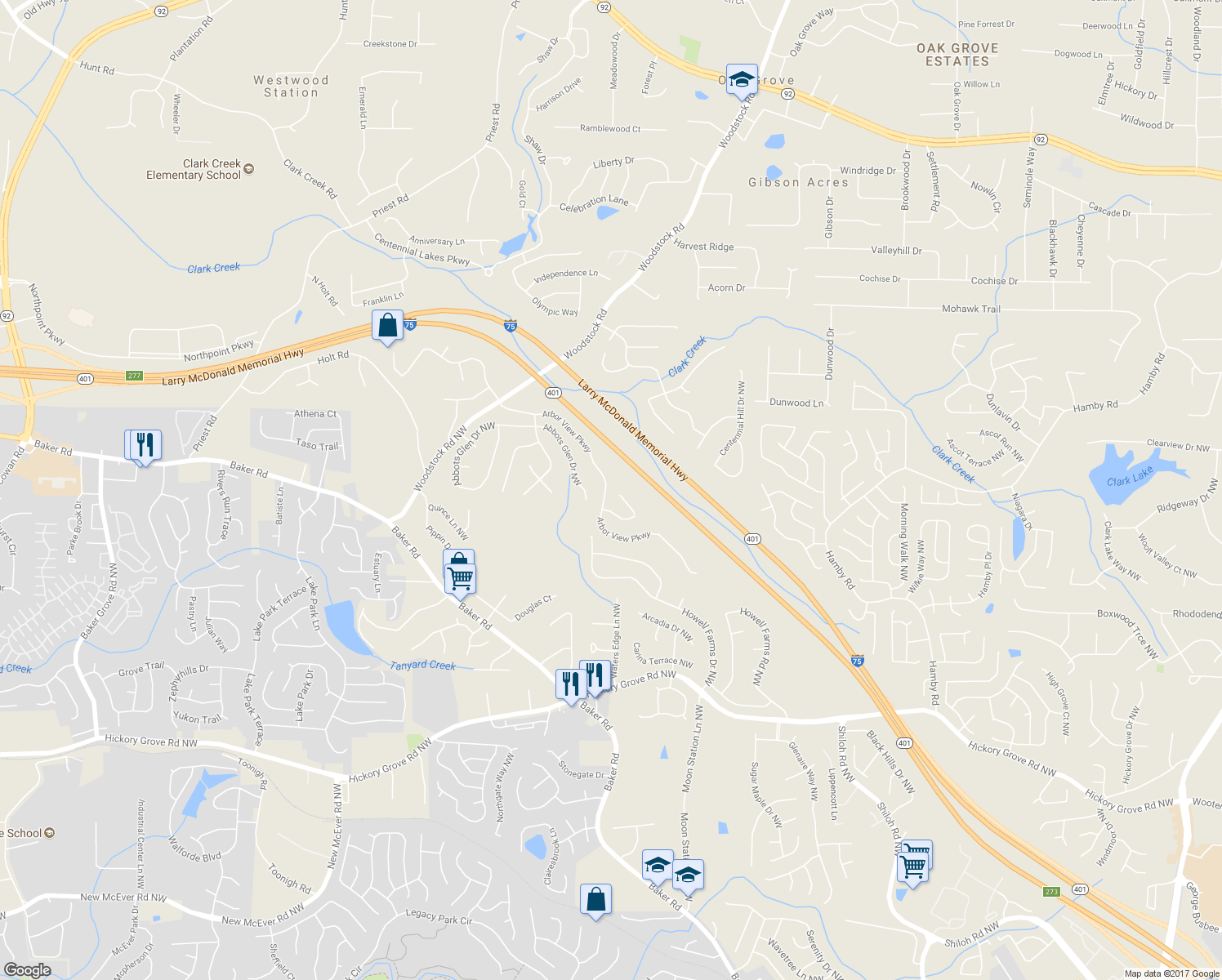 map of restaurants, bars, coffee shops, grocery stores, and more near 4978 Arbor View Parkway in Acworth