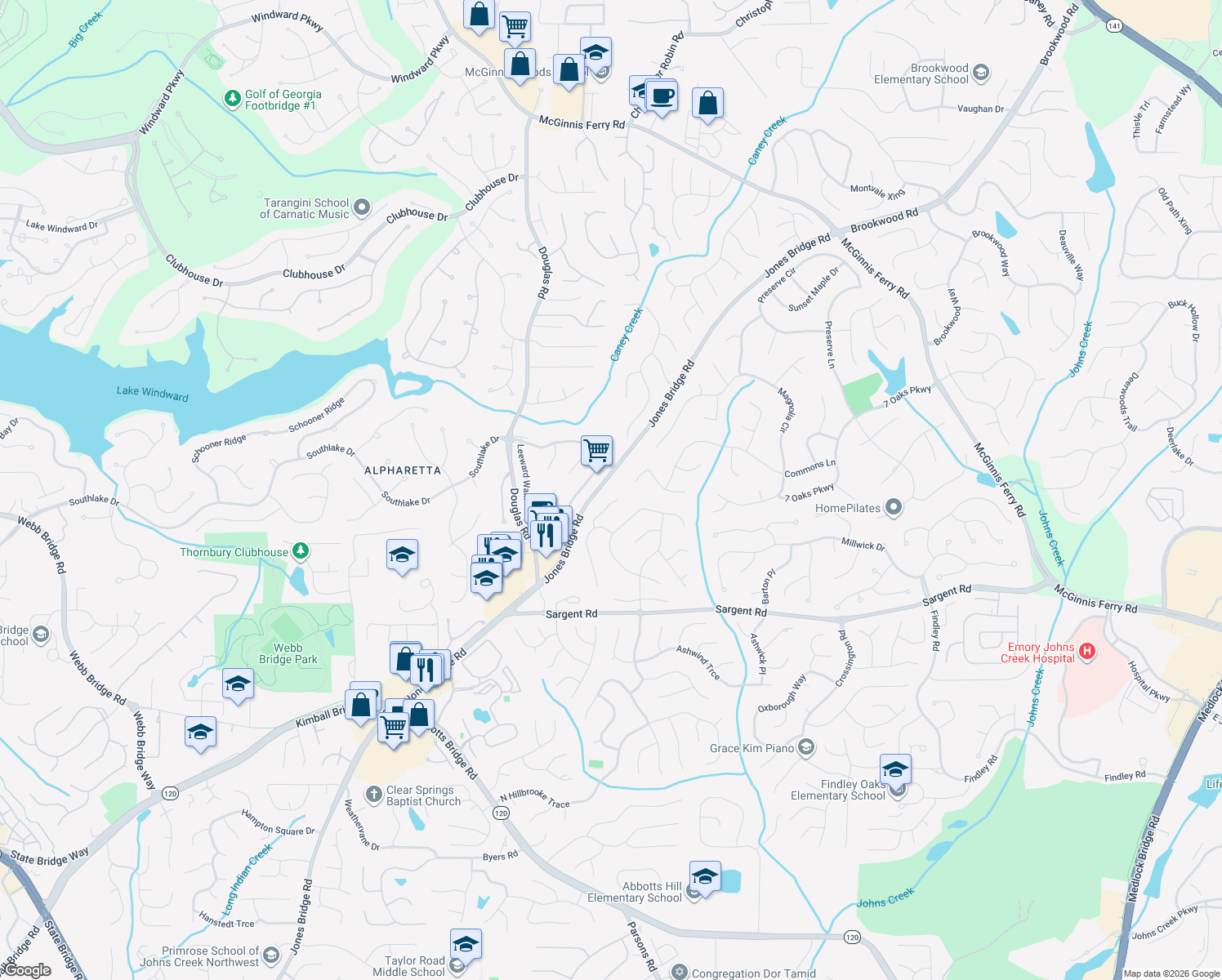 map of restaurants, bars, coffee shops, grocery stores, and more near 170 Fallen Leaf Ct in Alpharetta