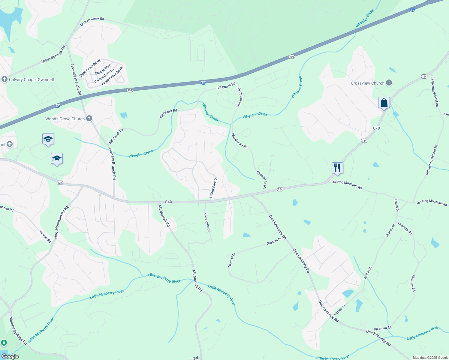 map of restaurants, bars, coffee shops, grocery stores, and more near 1331 Ashbury Park Drive Northeast in Hoschton