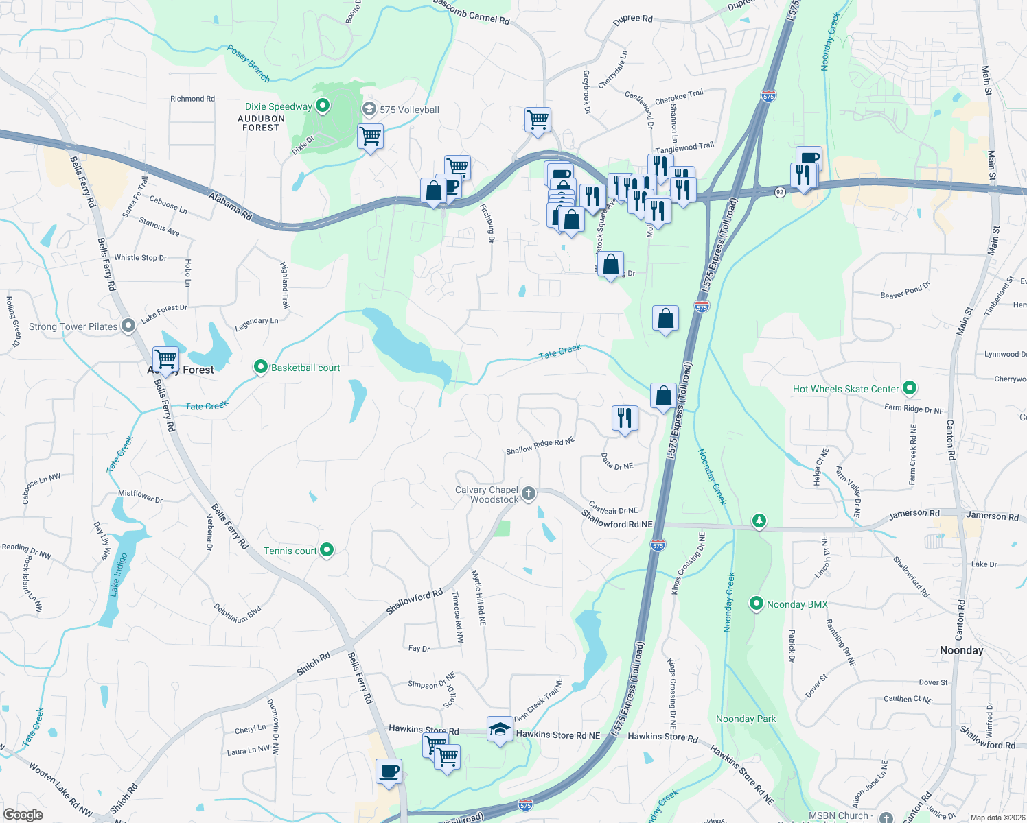 map of restaurants, bars, coffee shops, grocery stores, and more near 5004 Shallow Ridge Road Northeast in Kennesaw
