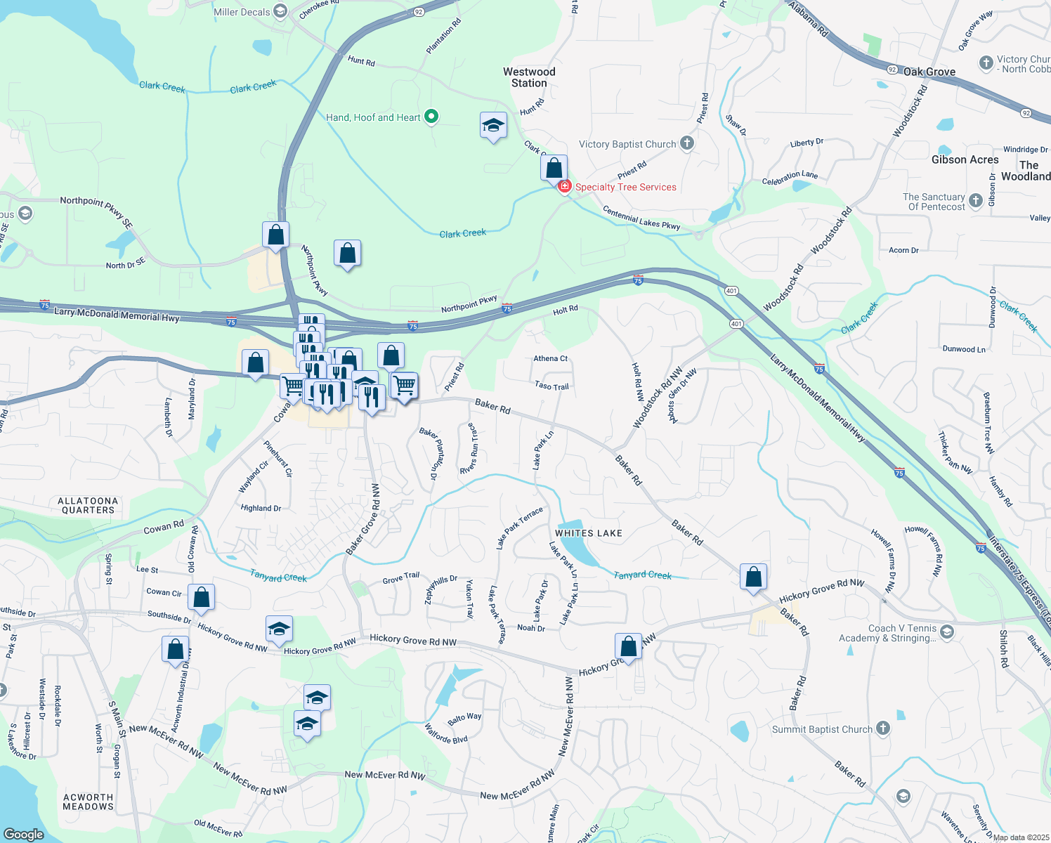 map of restaurants, bars, coffee shops, grocery stores, and more near 4832 Batiste Lane in Acworth
