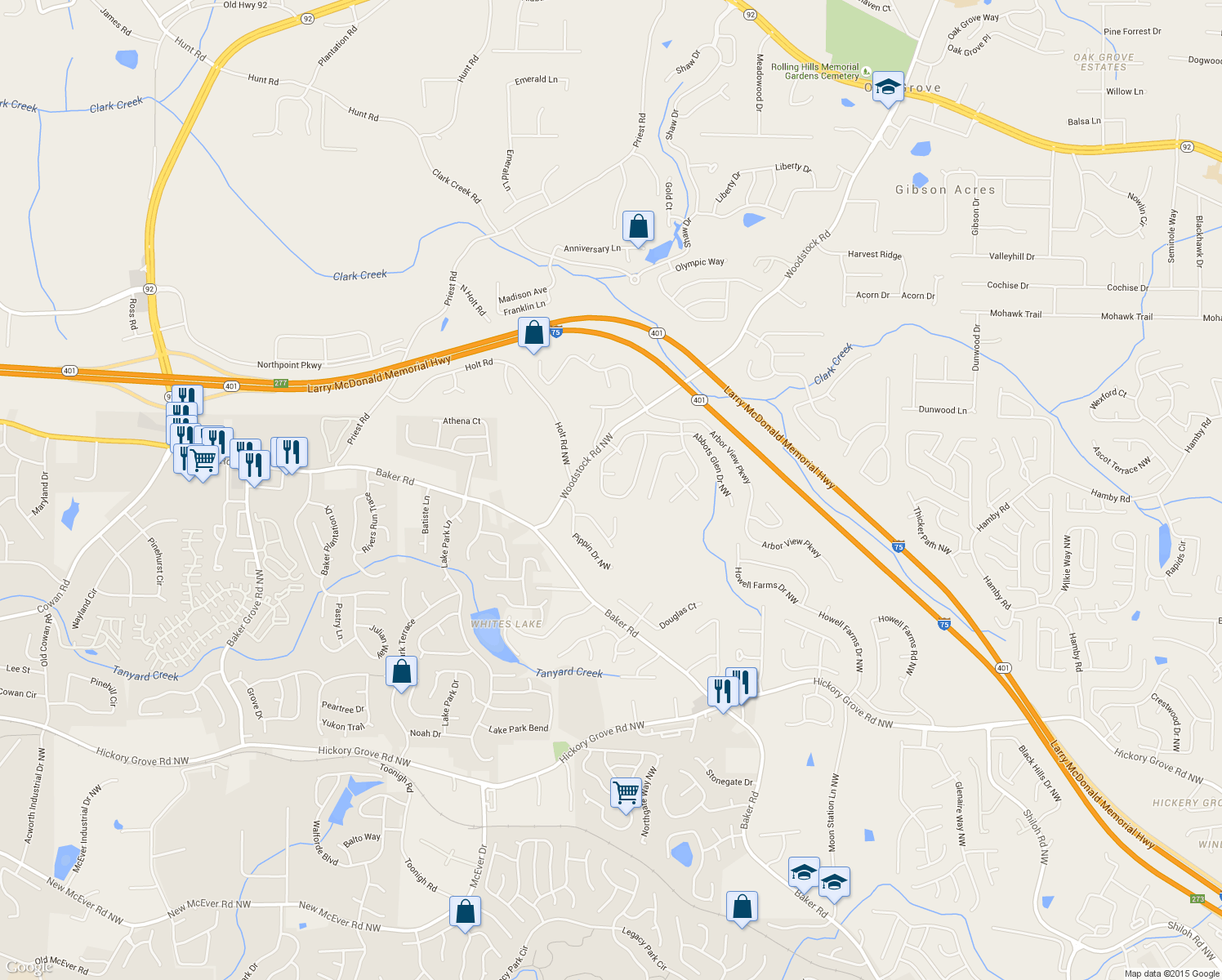 map of restaurants, bars, coffee shops, grocery stores, and more near 2631 Abbots Glen Drive Northwest in Acworth