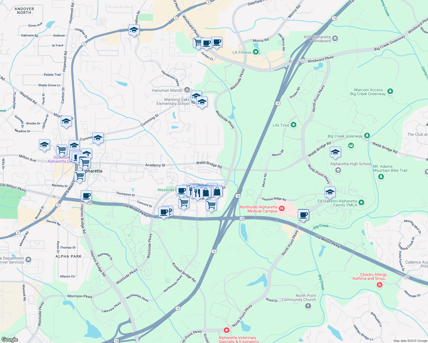 map of restaurants, bars, coffee shops, grocery stores, and more near 8112 Woodland Ln in Alpharetta