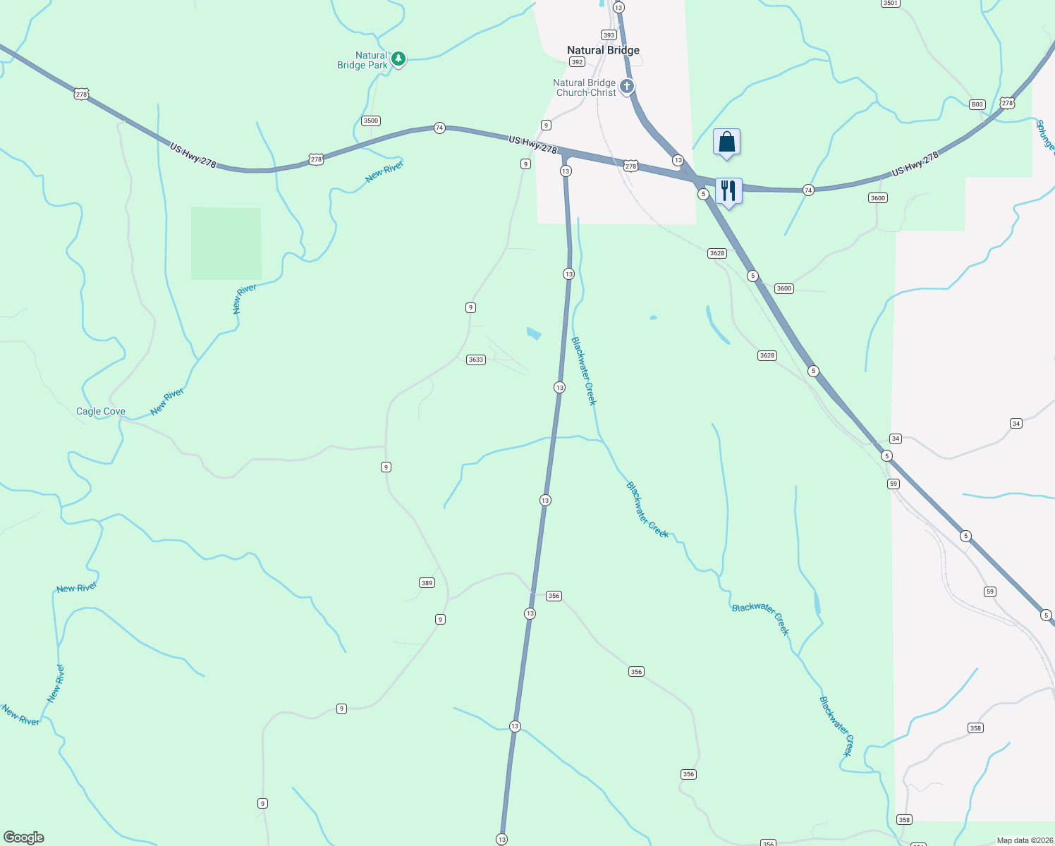 map of restaurants, bars, coffee shops, grocery stores, and more near in Natural Bridge