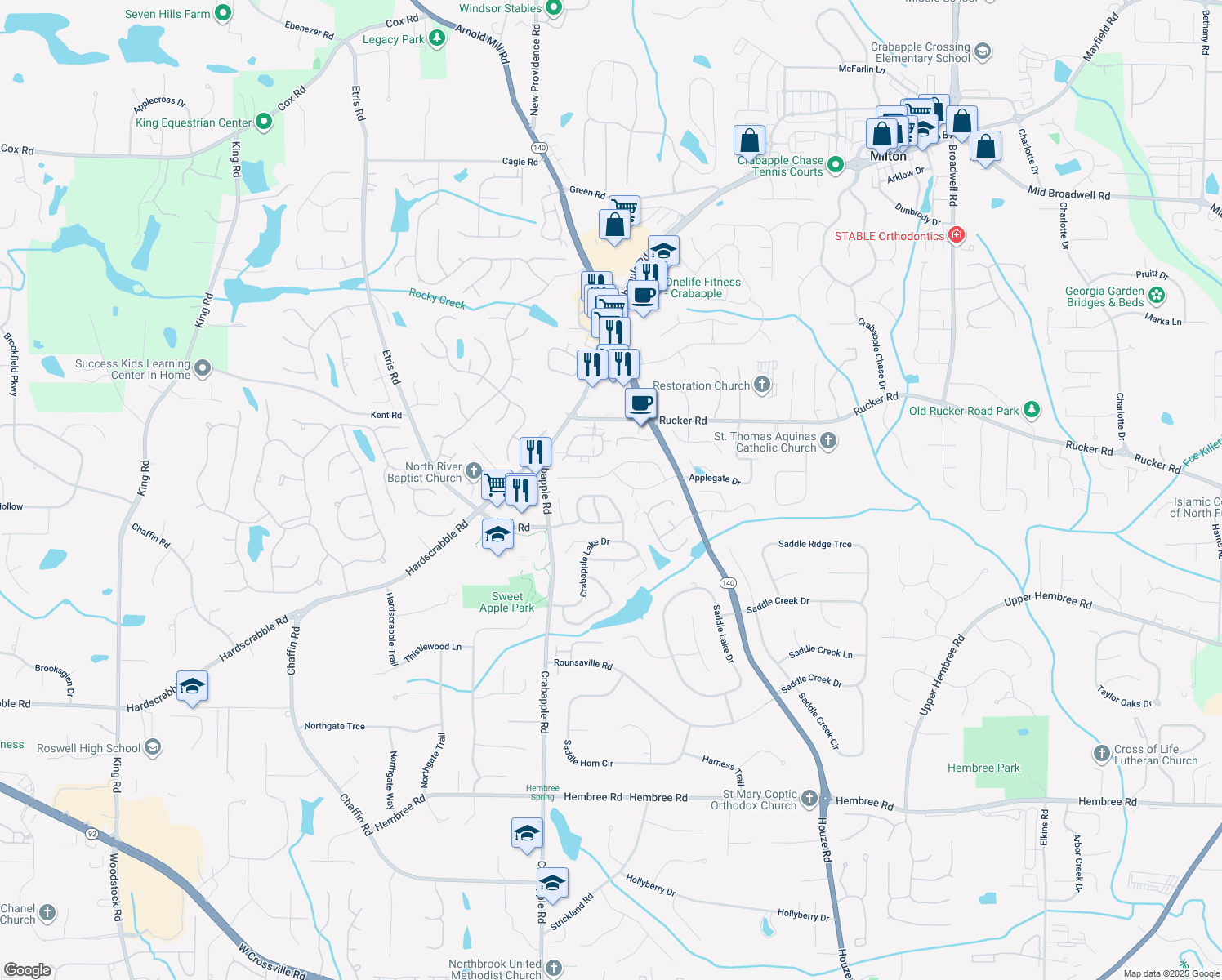 map of restaurants, bars, coffee shops, grocery stores, and more near 6005 Baywood Dr in Roswell