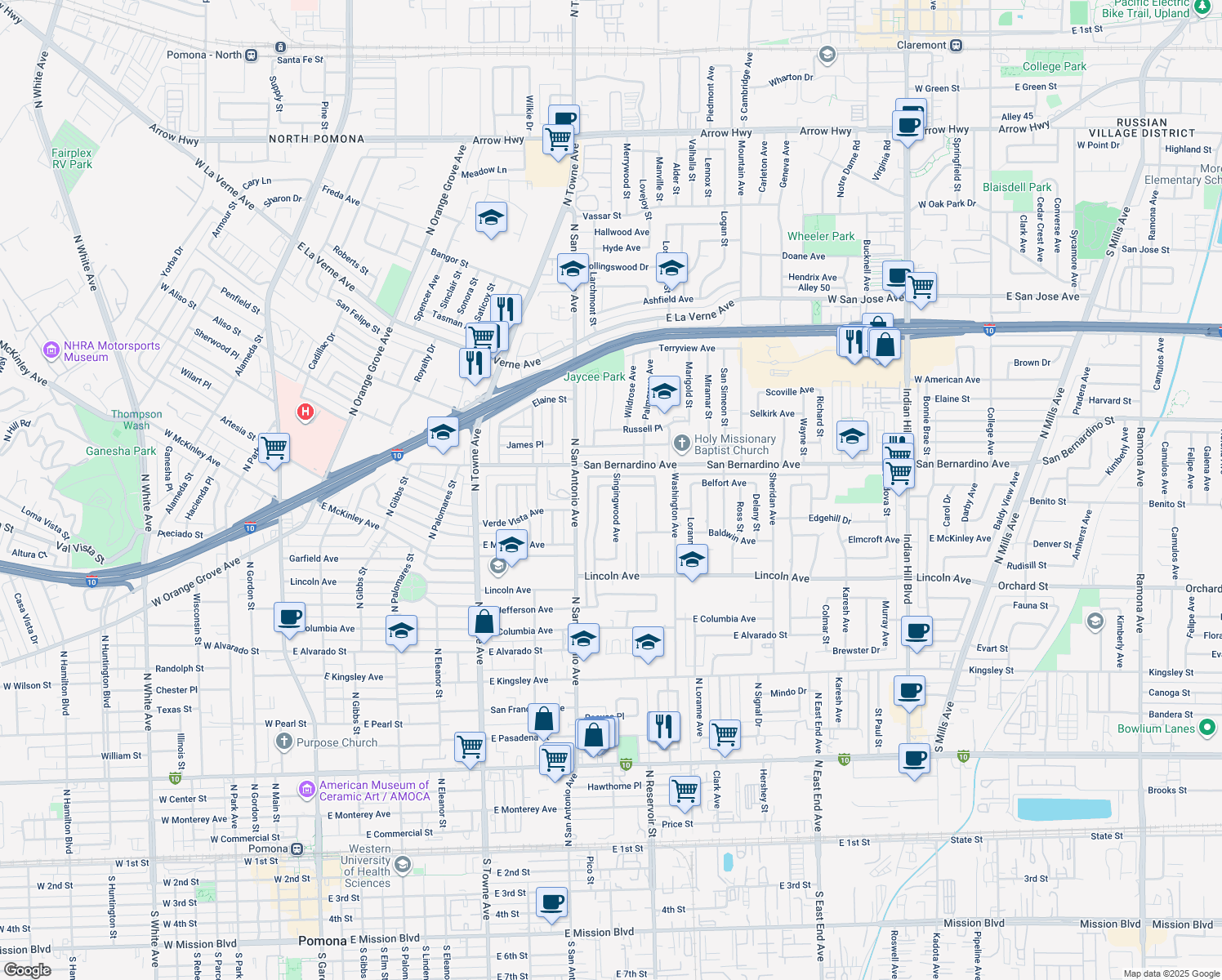 map of restaurants, bars, coffee shops, grocery stores, and more near 870 Somerset Avenue in Pomona