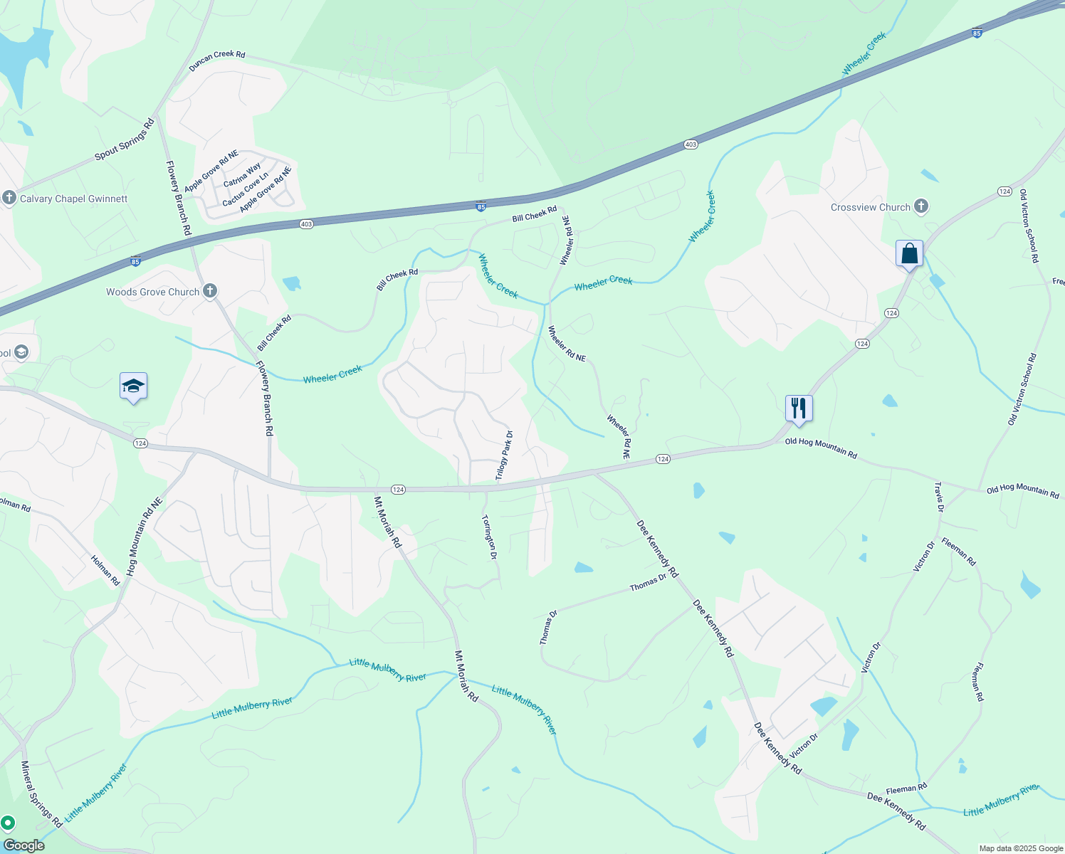 map of restaurants, bars, coffee shops, grocery stores, and more near 1351 Ashbury Park Drive Northeast in Hoschton