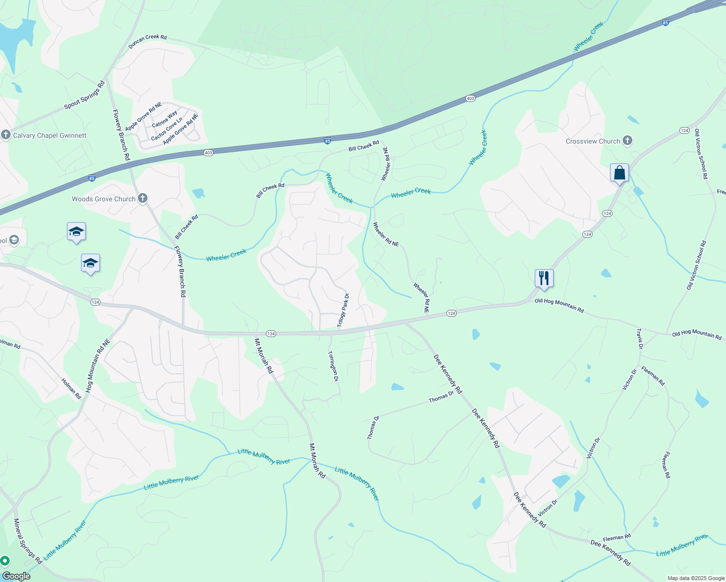map of restaurants, bars, coffee shops, grocery stores, and more near 1351 Ashbury Park Drive Northeast in Hoschton