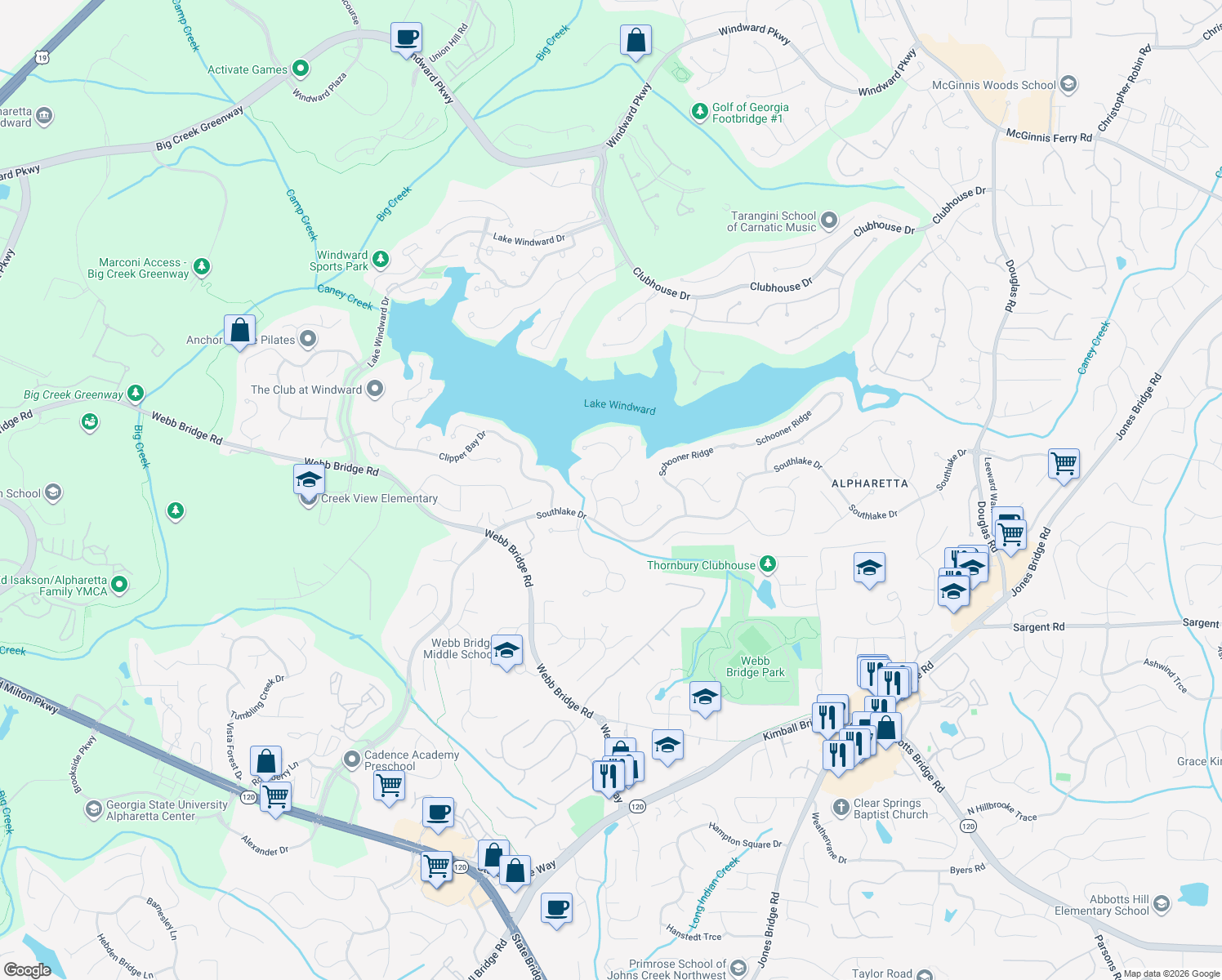 map of restaurants, bars, coffee shops, grocery stores, and more near 222 Cutty Sark Way in Alpharetta