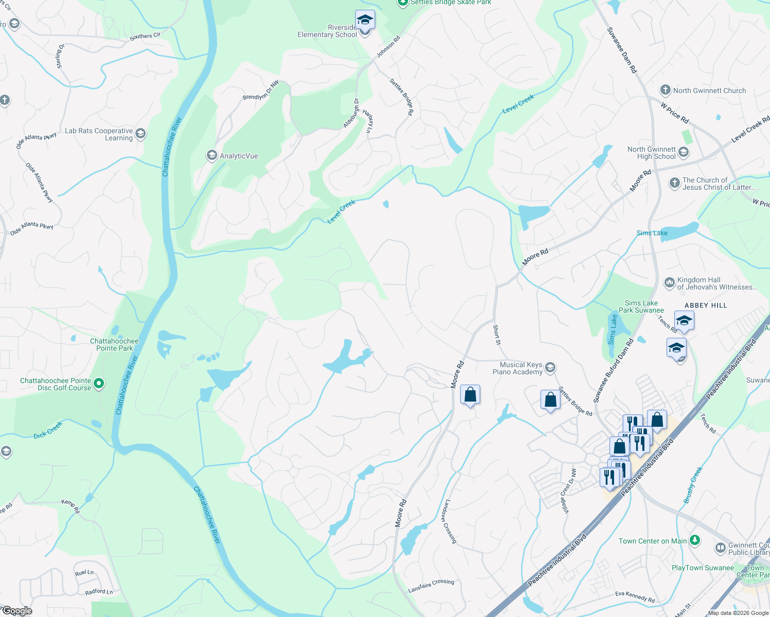 map of restaurants, bars, coffee shops, grocery stores, and more near 4865 Kettle River Point in Suwanee