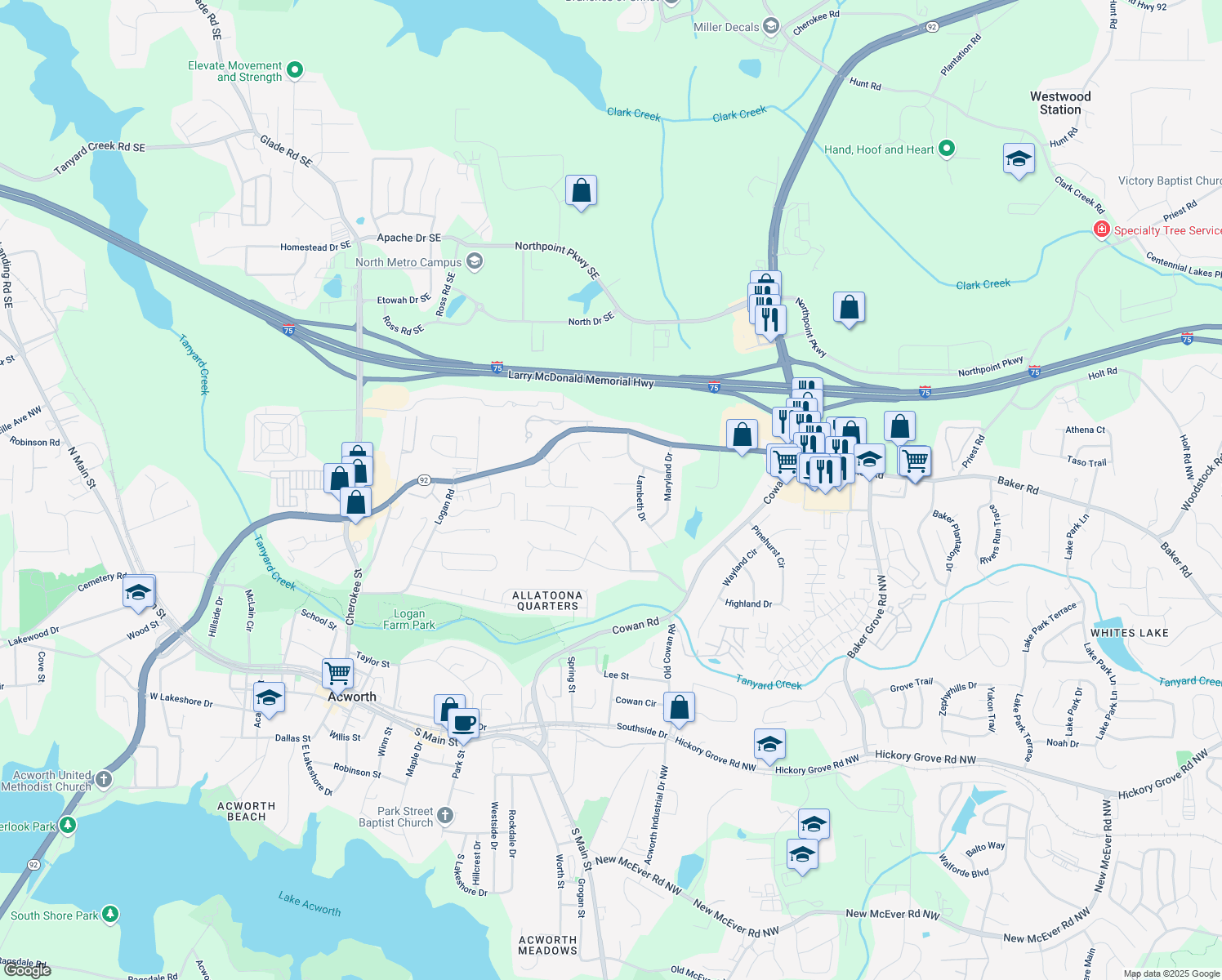 map of restaurants, bars, coffee shops, grocery stores, and more near 5083 Lambeth Court in Acworth