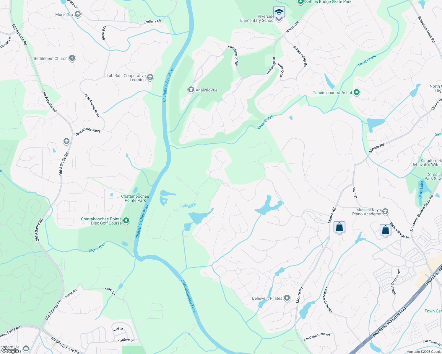 map of restaurants, bars, coffee shops, grocery stores, and more near 979 Middle Fork Trail in Suwanee