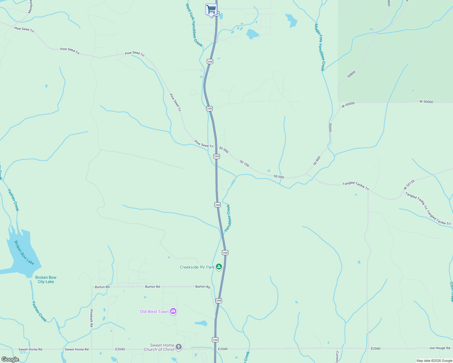 map of restaurants, bars, coffee shops, grocery stores, and more near 189 Ironwood Creek Trail in Broken Bow