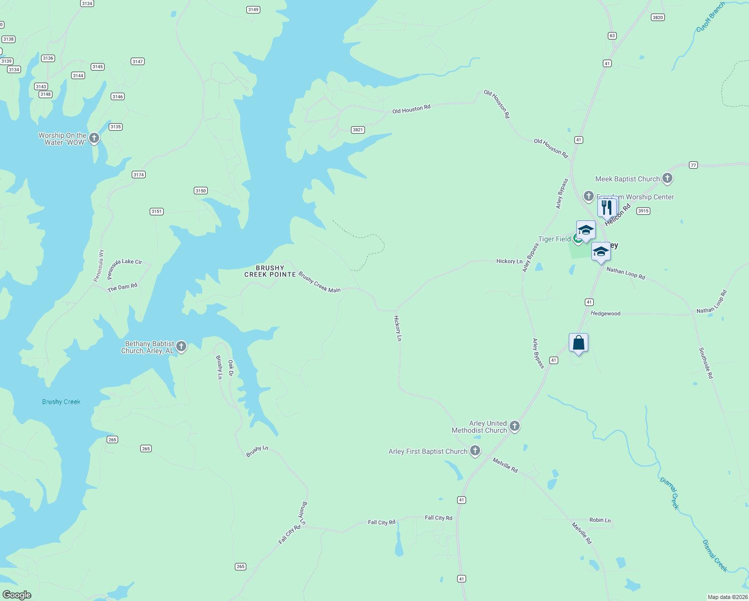 map of restaurants, bars, coffee shops, grocery stores, and more near Brushy Creek Main in Arley
