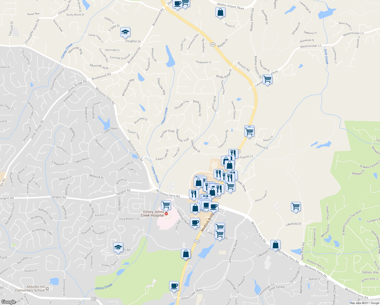 map of restaurants, bars, coffee shops, grocery stores, and more near 100 Antler Trail in Alpharetta