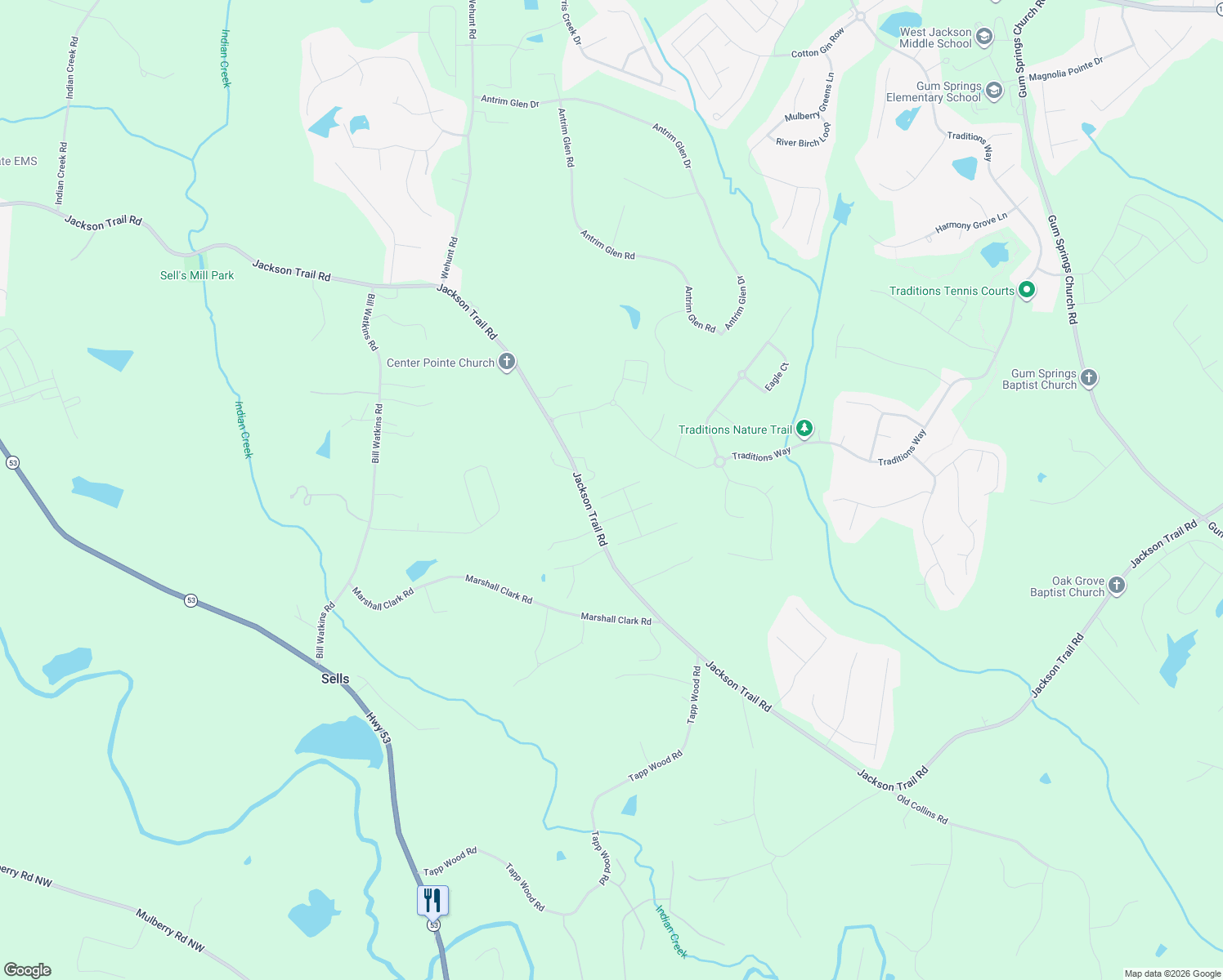 map of restaurants, bars, coffee shops, grocery stores, and more near 509 Grover Street in Hoschton
