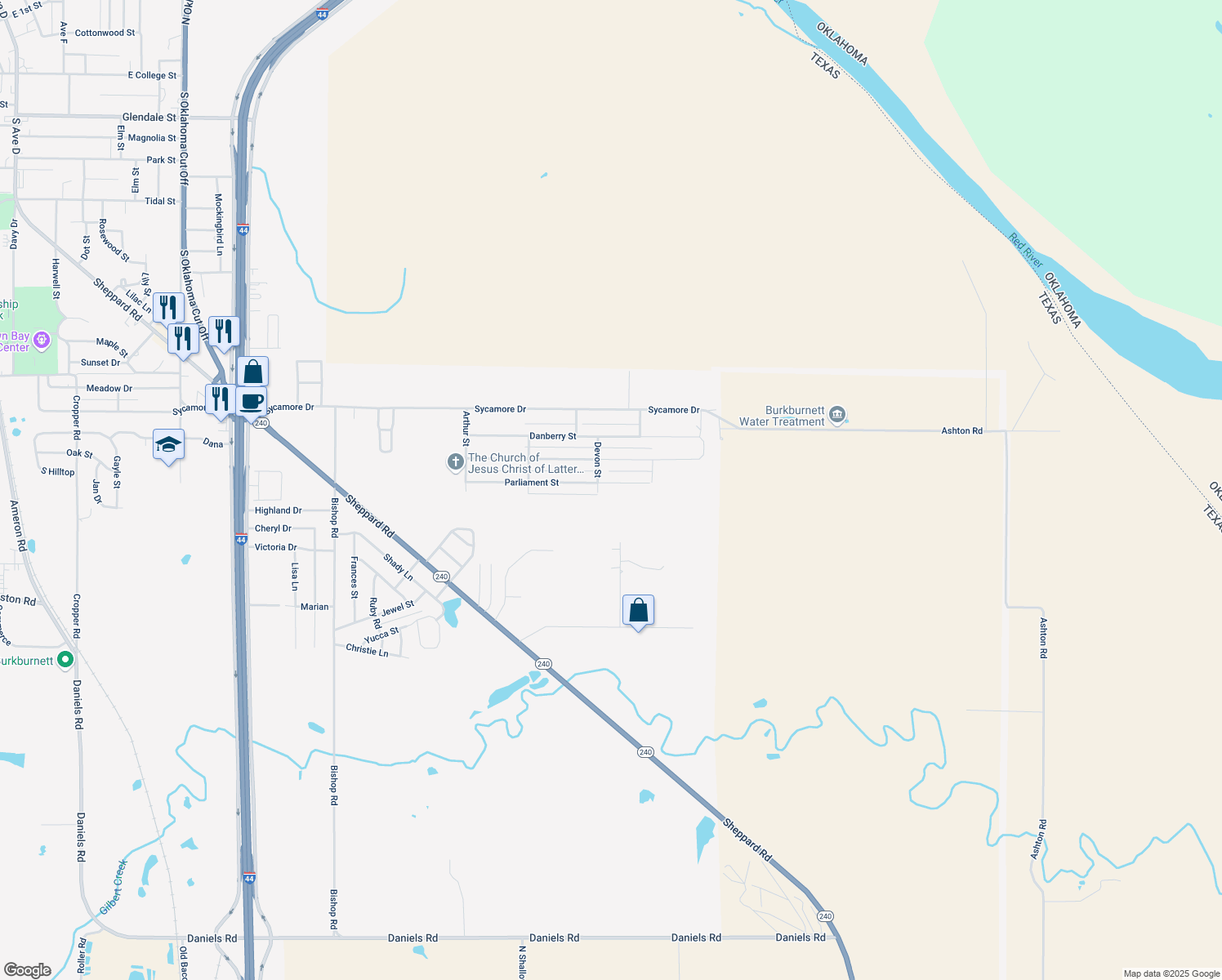 map of restaurants, bars, coffee shops, grocery stores, and more near 1404 Parliament Street in Burkburnett