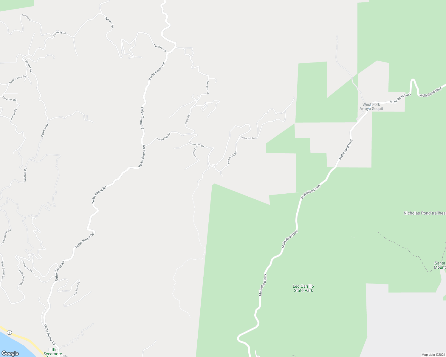 map of restaurants, bars, coffee shops, grocery stores, and more near 12680 Yellow Hill Road in Malibu
