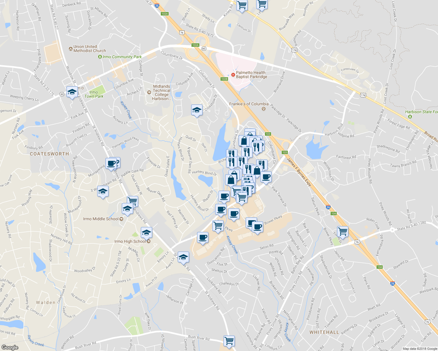 map of restaurants, bars, coffee shops, grocery stores, and more near 151 Hunters Blind Drive in Columbia