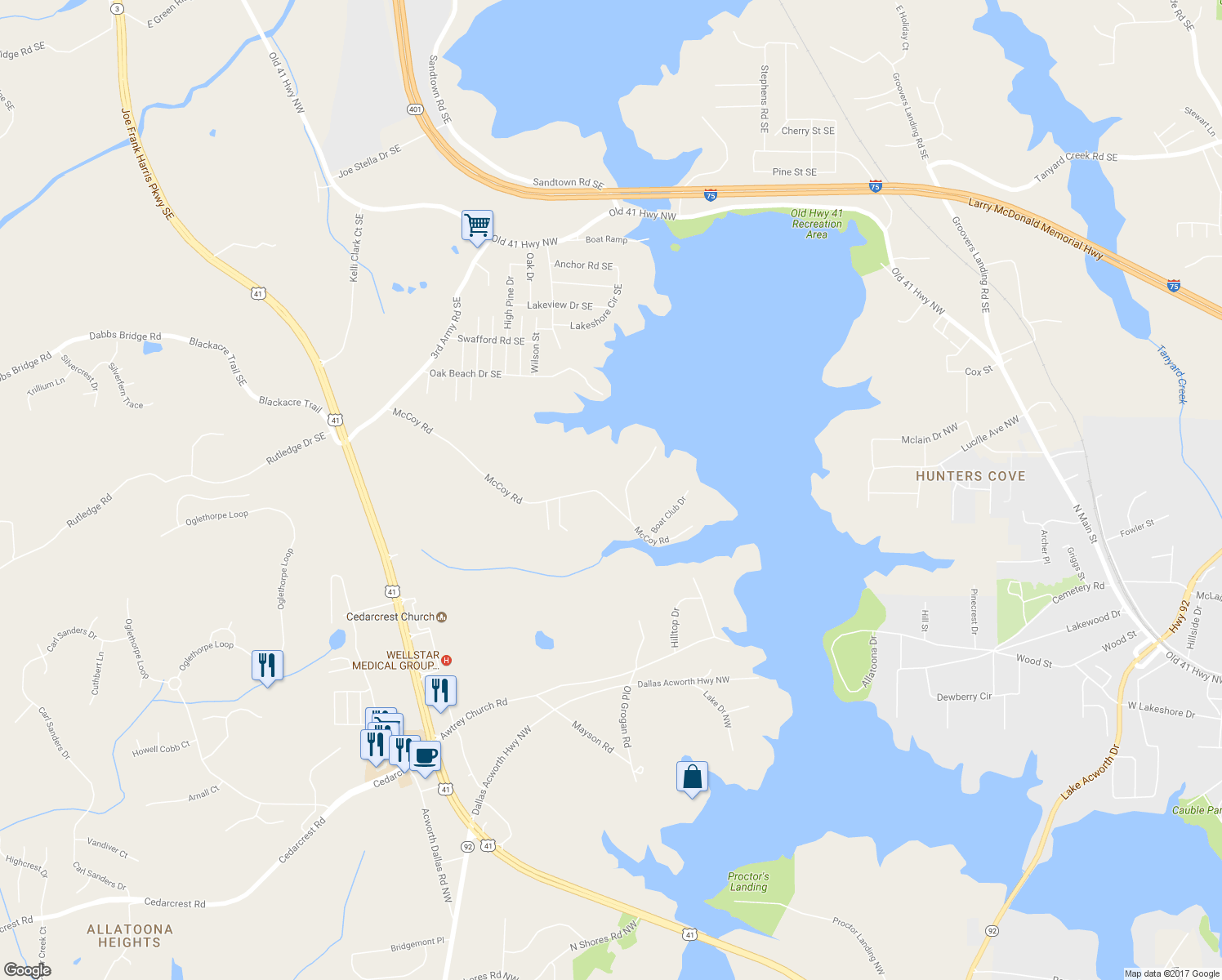 map of restaurants, bars, coffee shops, grocery stores, and more near 5650 McCoy Road in Acworth